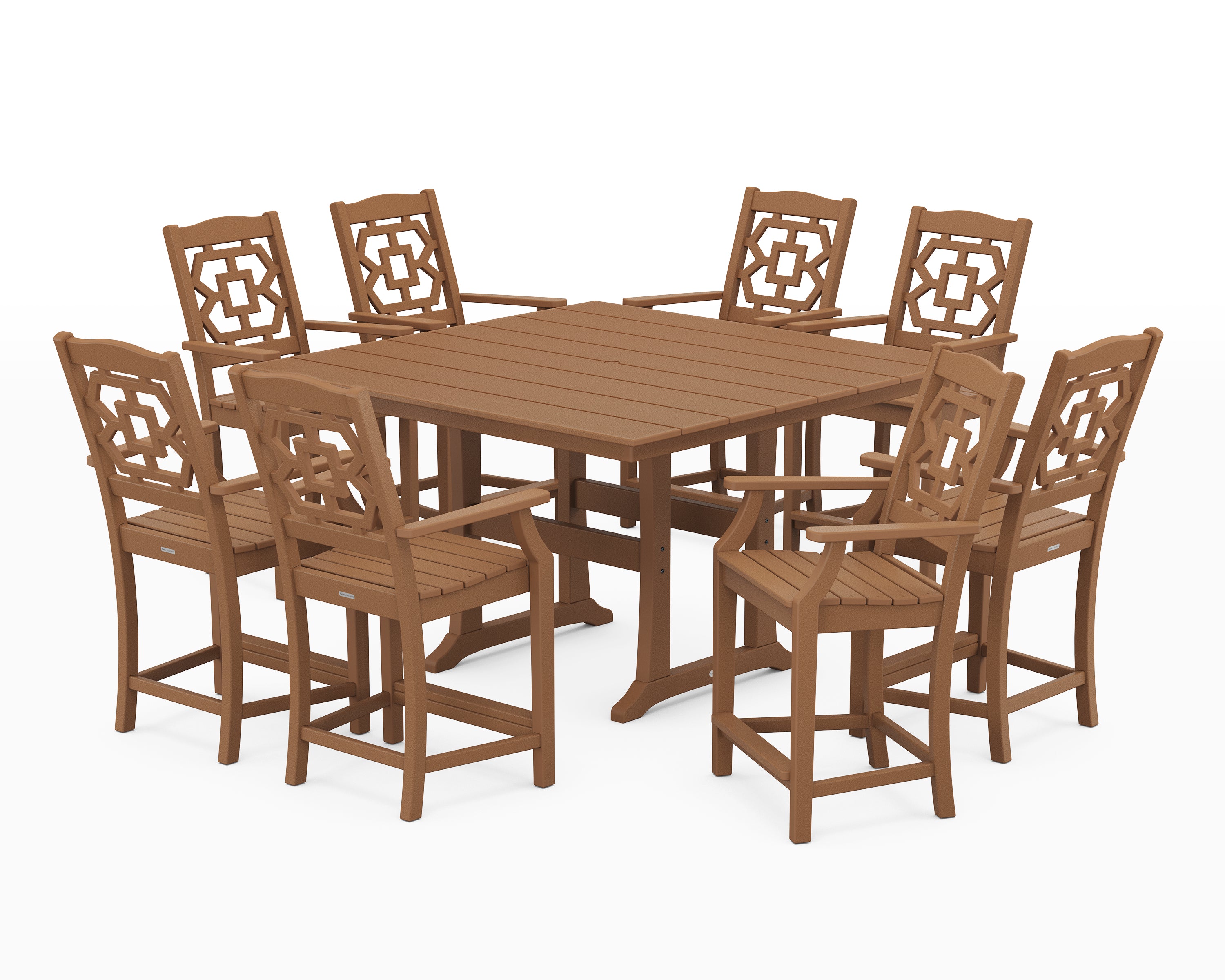 Martha Stewart by POLYWOOD Chinoiserie 9-Piece Square Farmhouse Counter Set with Trestle Legs in Teak