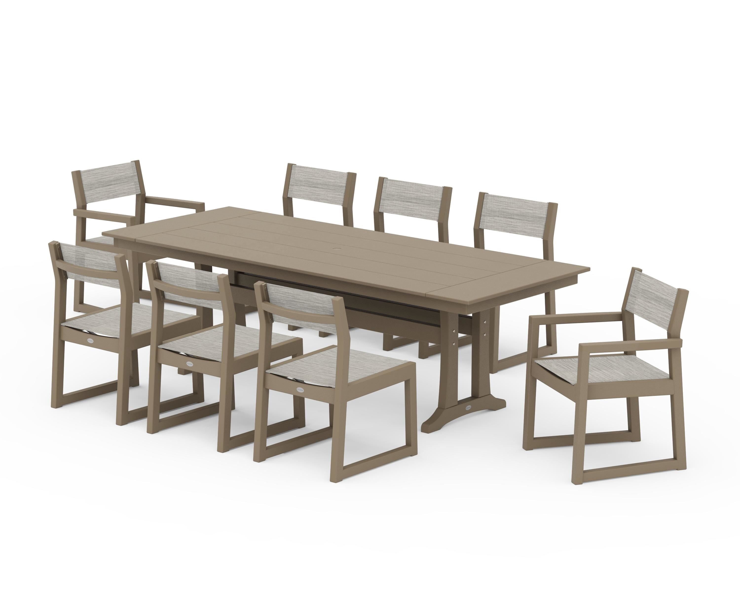 POLYWOOD EDGE Sling 9-Piece Farmhouse Trestle Dining Set in Vintage Sahara / Birch Sling