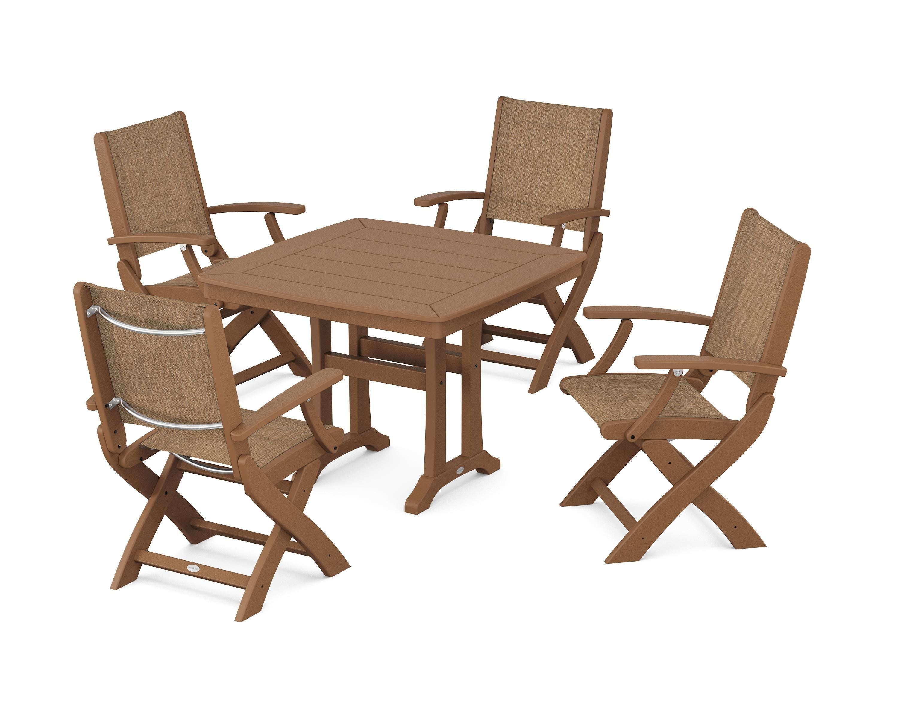 POLYWOOD Coastal Folding Chair 5-Piece Dining Set with Trestle Legs in Teak / Burlap Sling