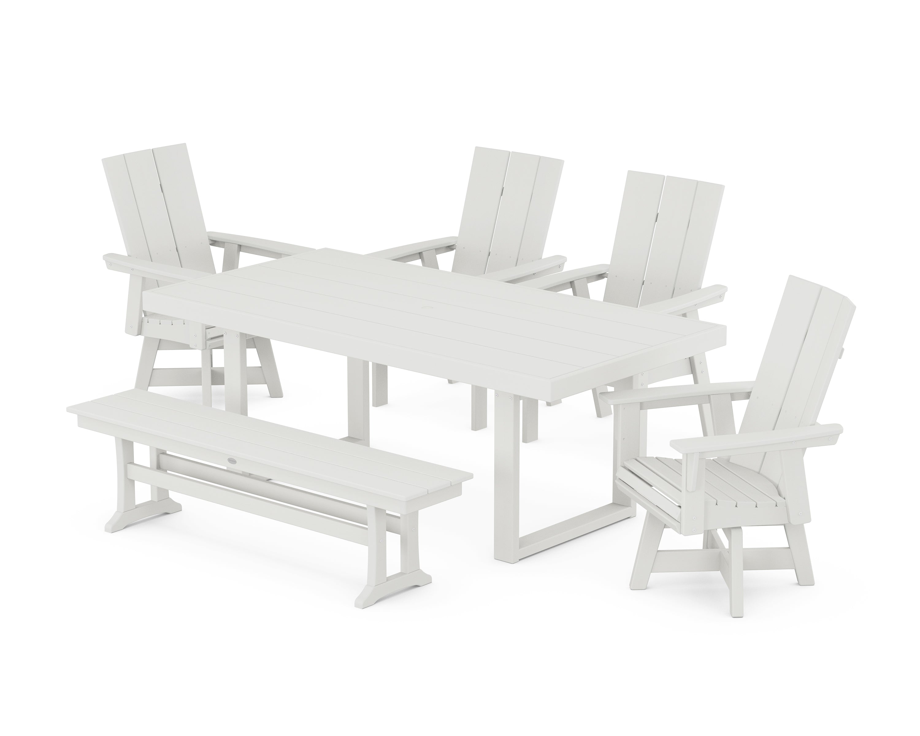 POLYWOOD® Modern Curveback Adirondack Swivel Chair 6-Piece Dining Set with Bench in Vintage White