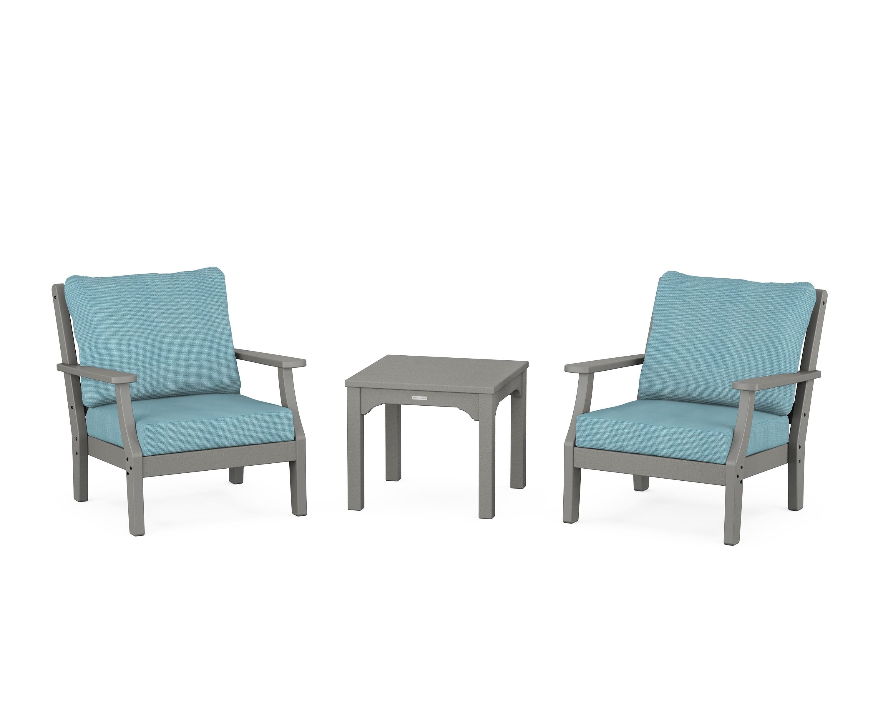 Martha Stewart by POLYWOOD Chinoiserie 3-Piece Deep Seating Set in Slate Grey / Lattice Sky Blue