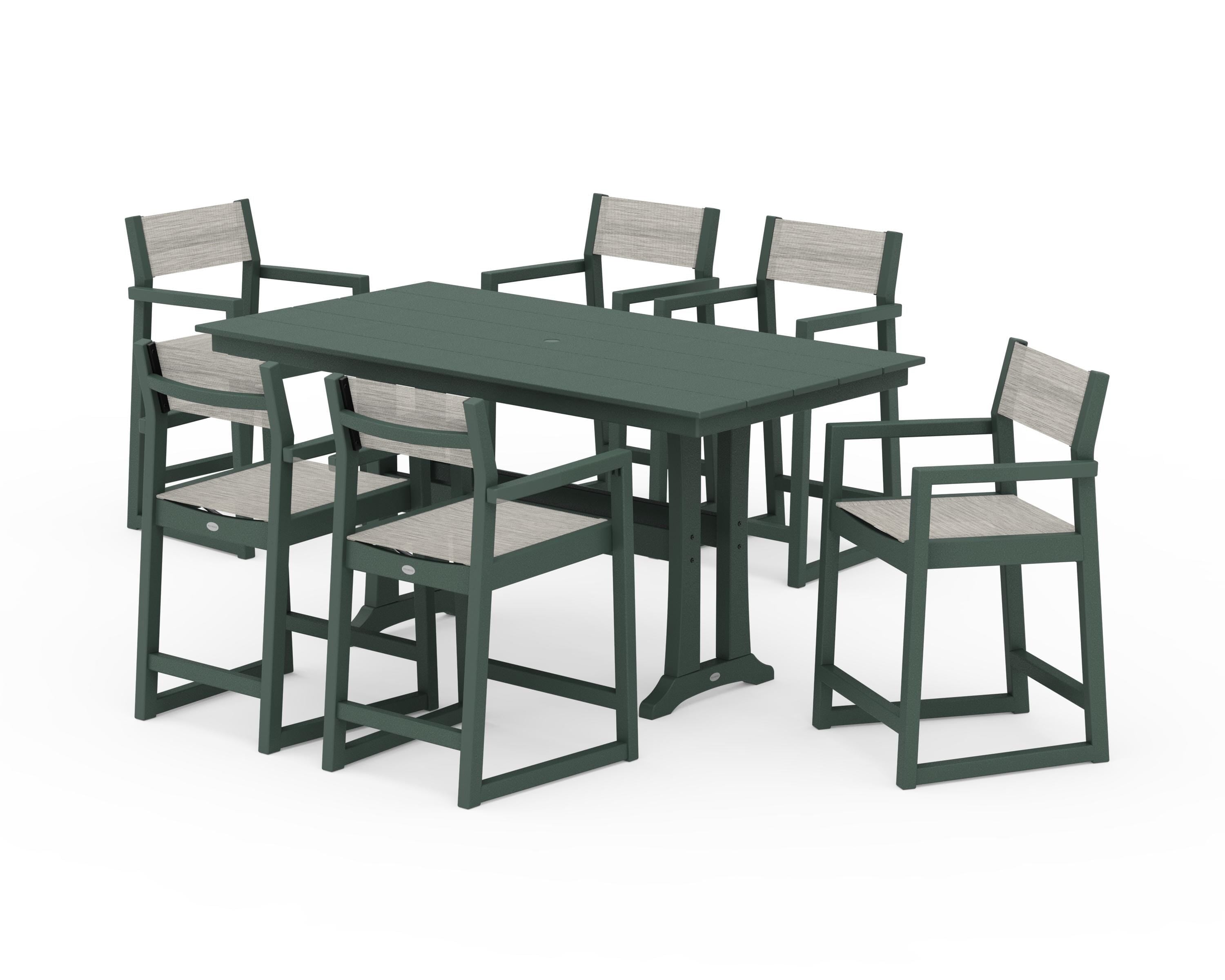 POLYWOOD EDGE Sling Arm Chair 7-Piece Farmhouse Counter Set with Trestle Legs in Green / Birch Sling
