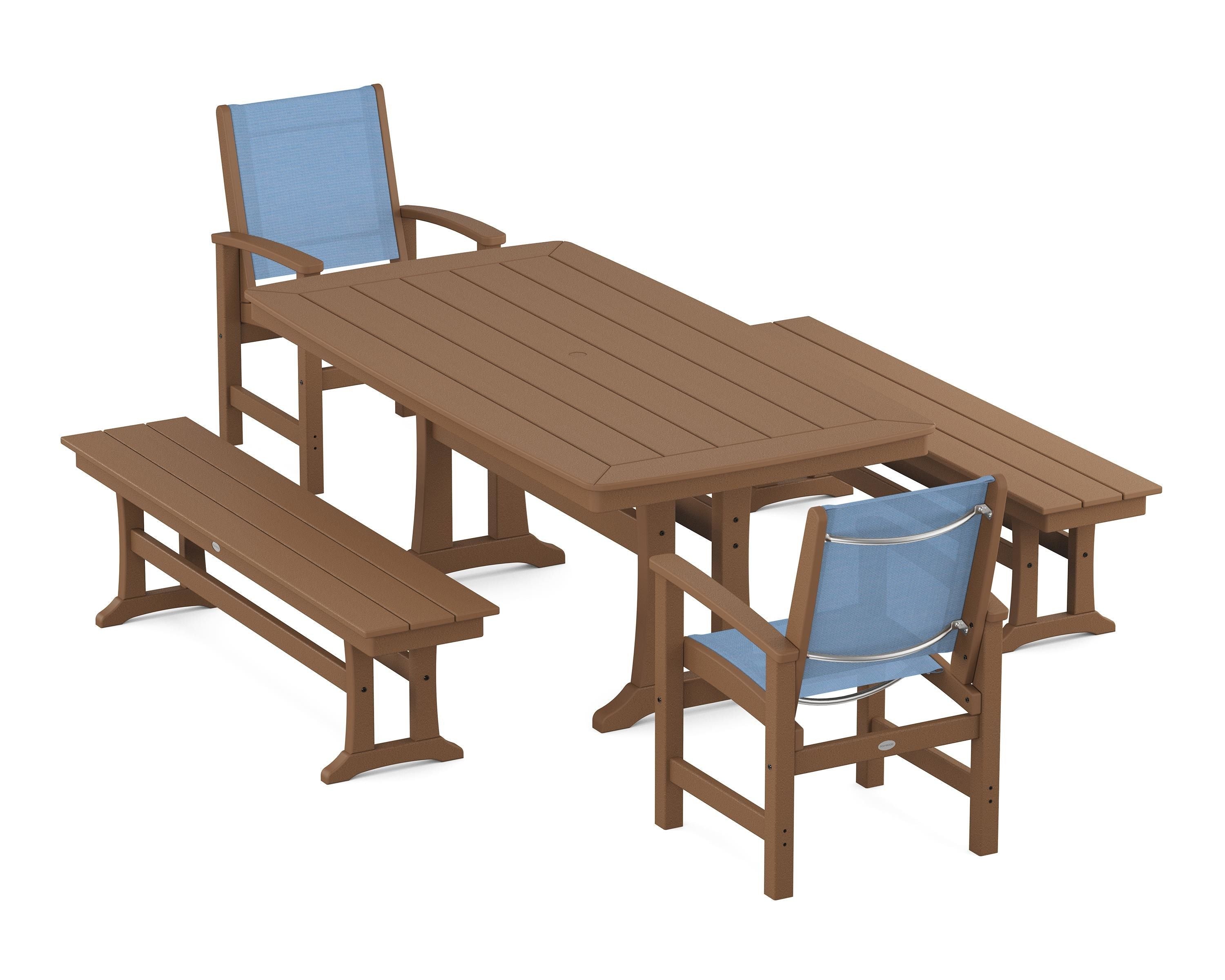 POLYWOOD Coastal 5-Piece Dining Set with Trestle Legs and Benches in Teak / Poolside Sling