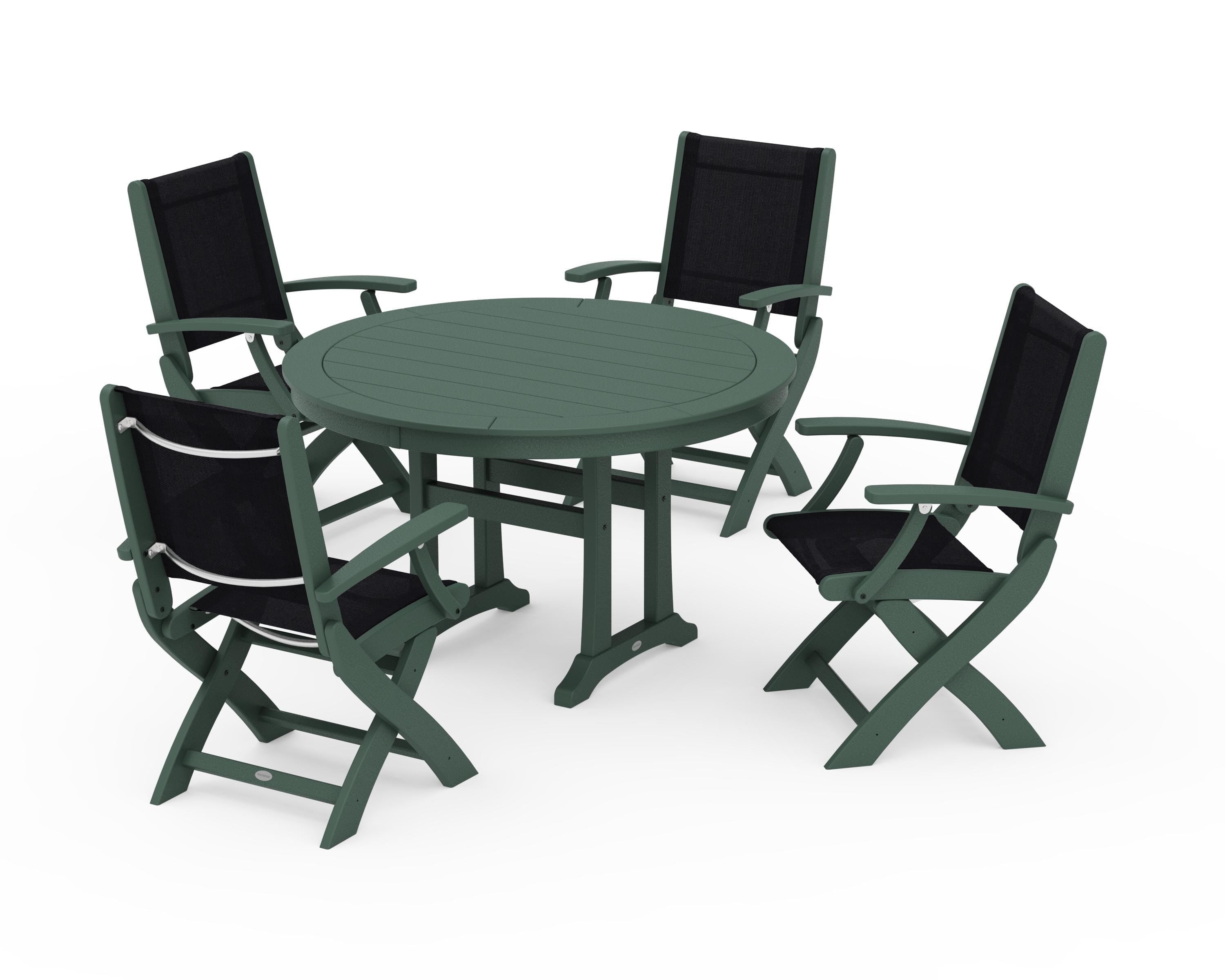 POLYWOOD Coastal Folding Chair 5-Piece Round Dining Set with Trestle Legs in Green / Black Sling