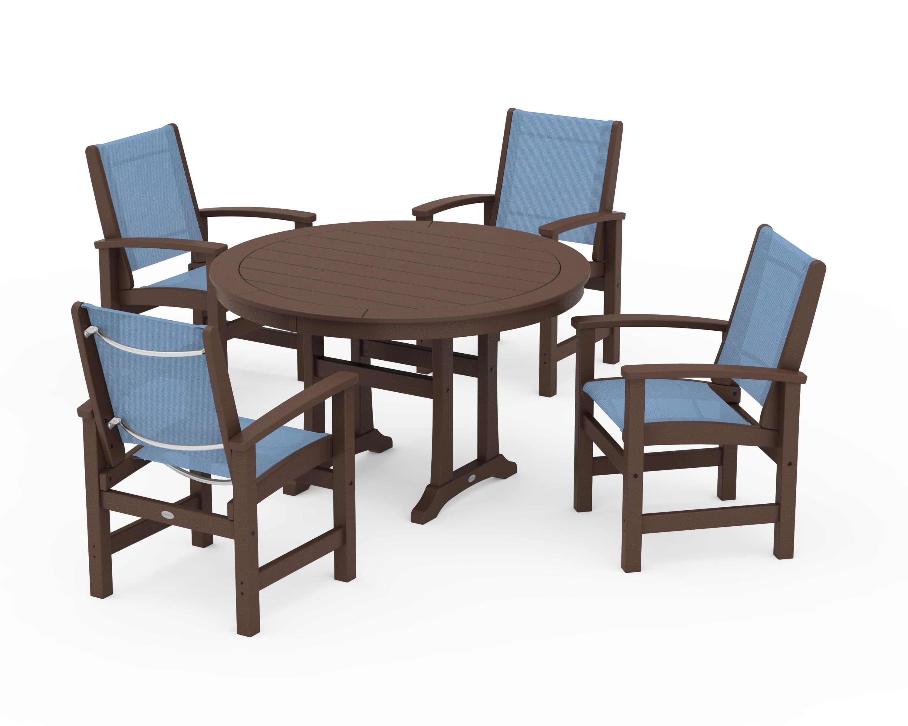 POLYWOOD Coastal 5-Piece Round Dining Set with Trestle Legs in Mahogany / Poolside Sling