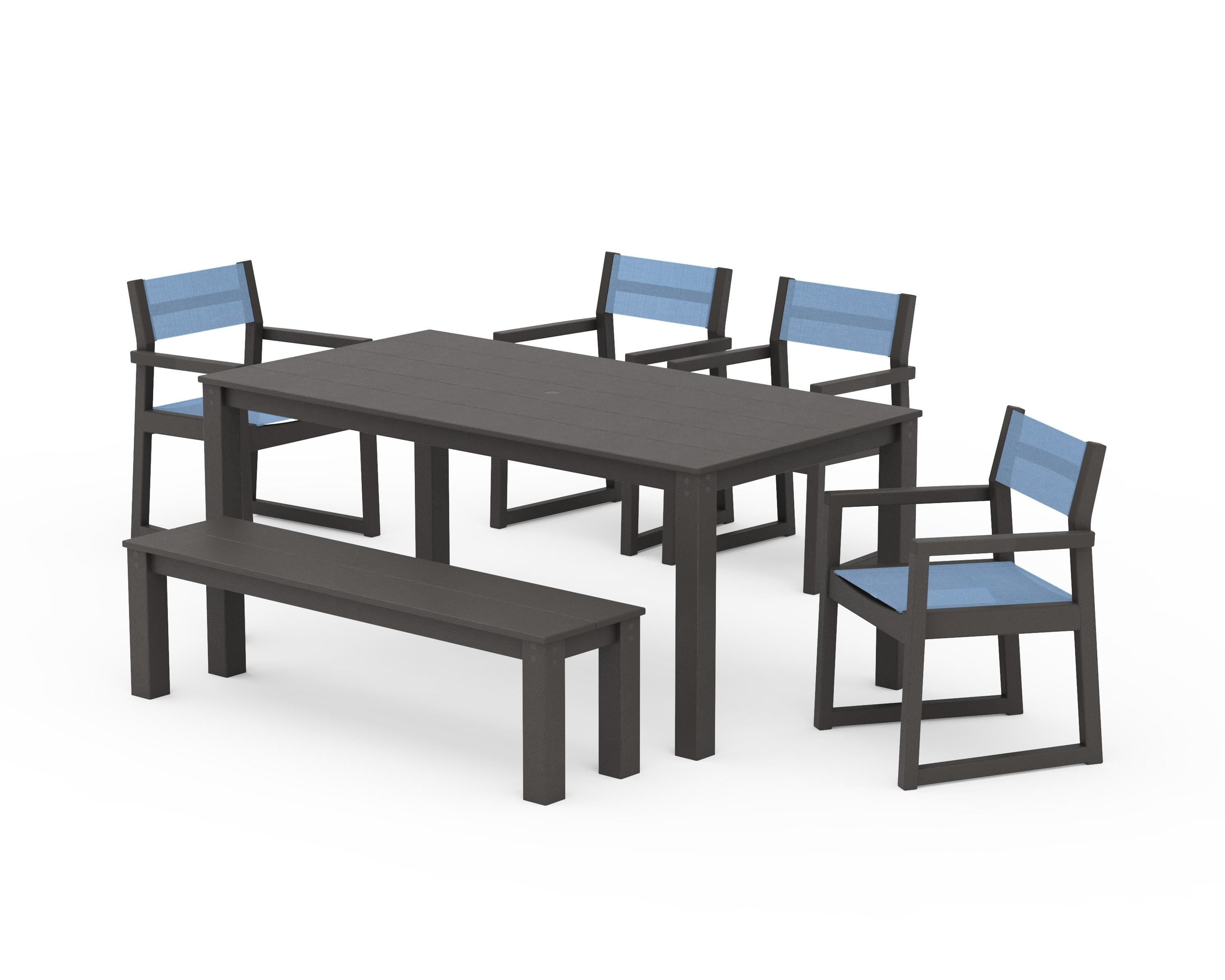 POLYWOOD EDGE Sling Arm Chair 6-Piece Parsons Dining Set with Bench in Vintage Coffee / Poolside Sling