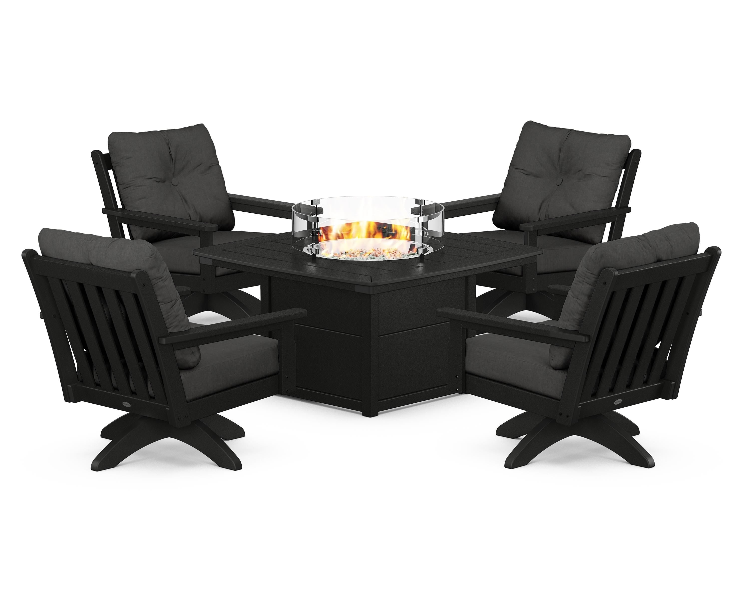POLYWOOD Vineyard 5-Piece Deep Seating Swivel Conversation Set with Fire Pit Table in Black / Spectrum Carbon