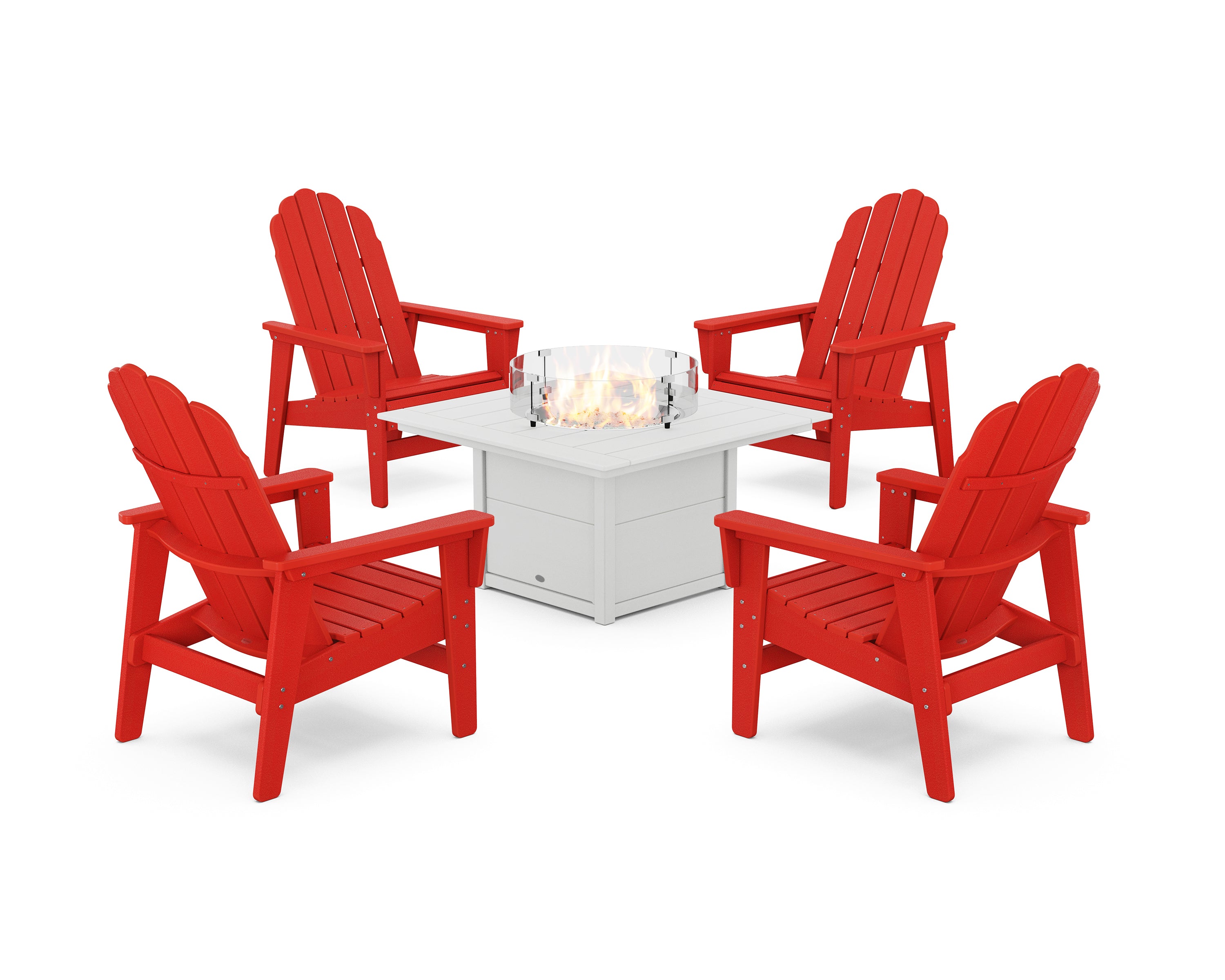 POLYWOOD 5-Piece Vineyard Grand Upright Adirondack Conversation Set with Fire Pit Table in Sunset Red / White