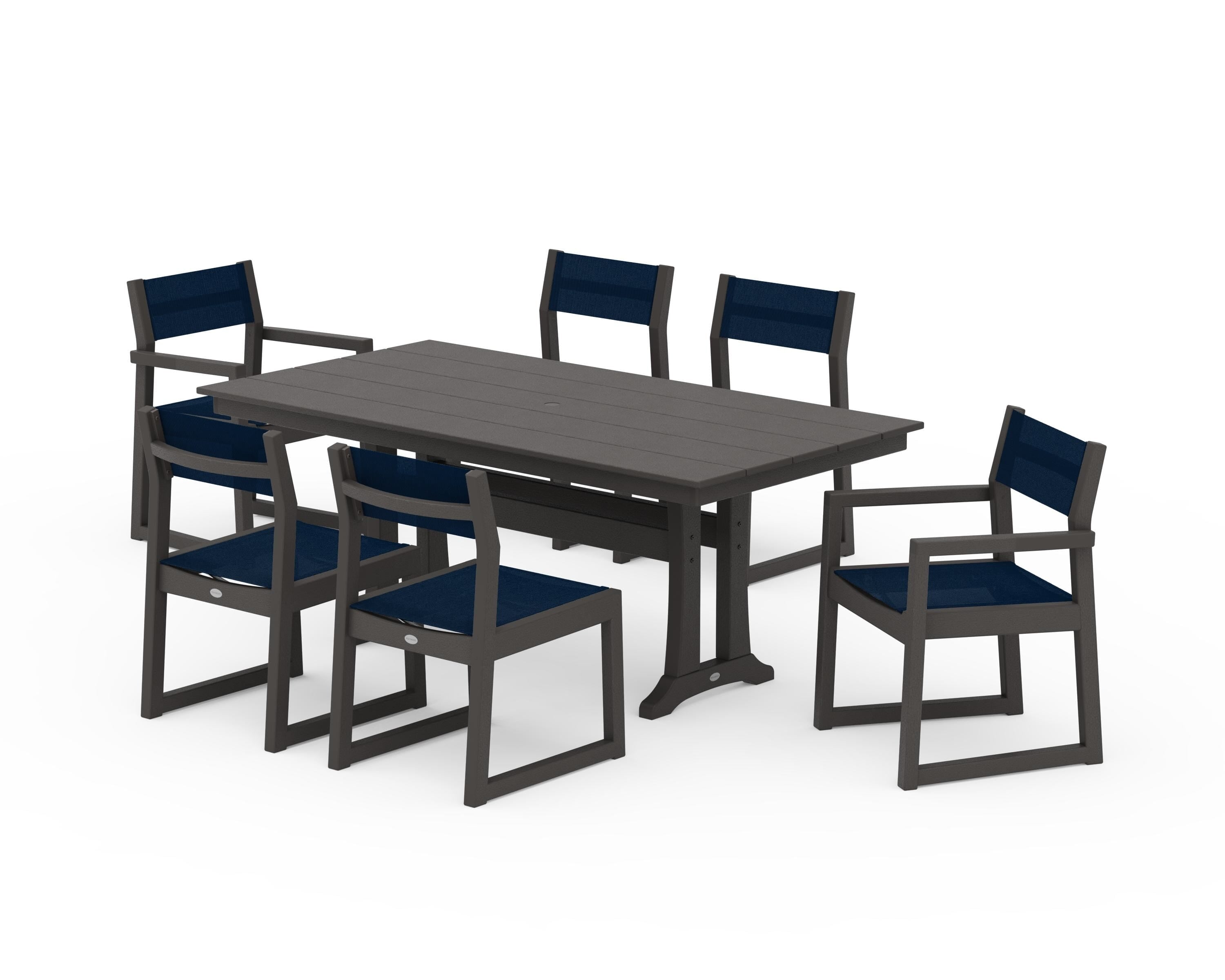 POLYWOOD EDGE Sling 7-Piece Farmhouse Trestle Dining Set in Vintage Coffee / Navy Blue Sling