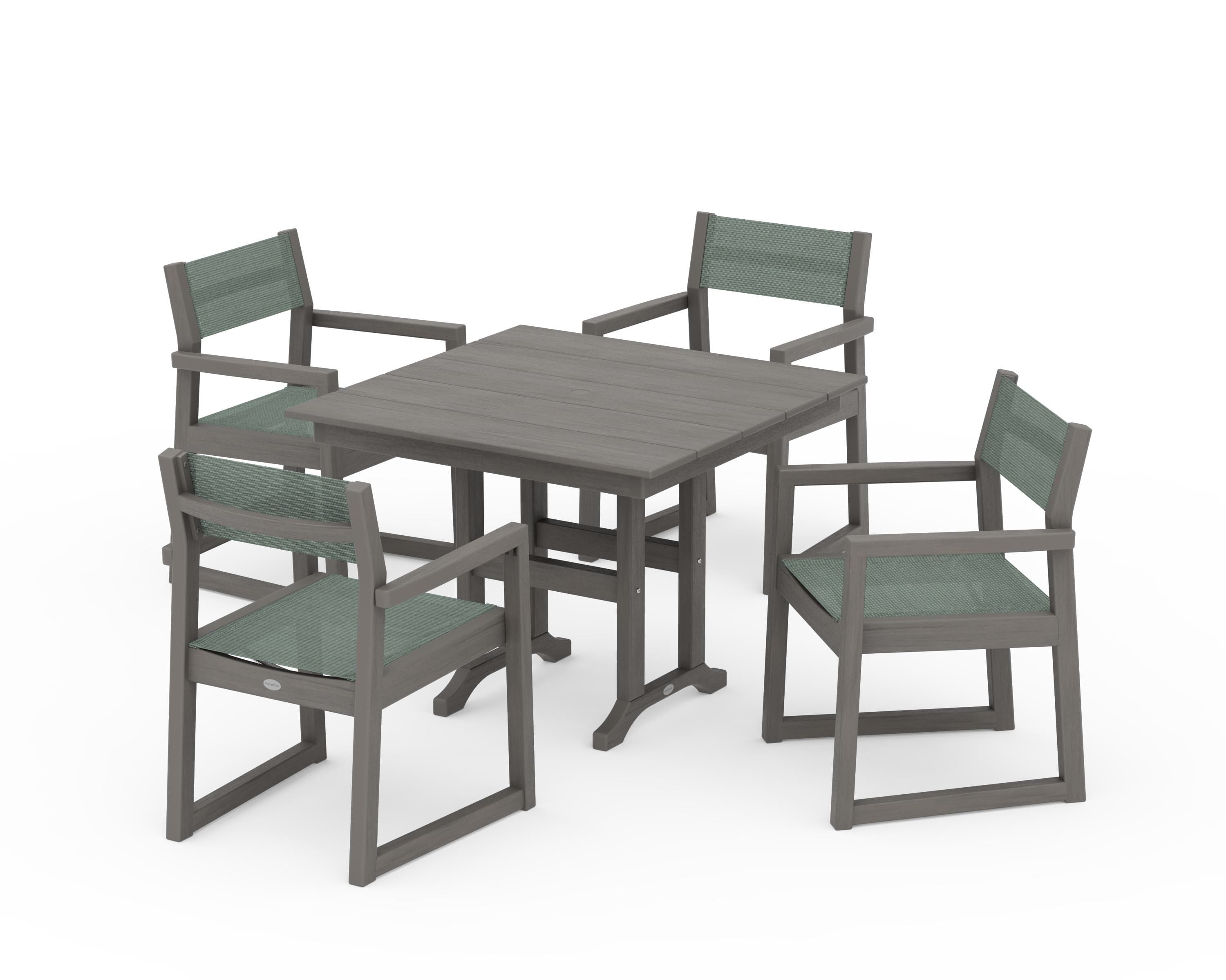 POLYWOOD EDGE Sling Arm Chair 5-Piece Farmhouse Dining Set in Driftwood / Dupioni Sea Mist Sling