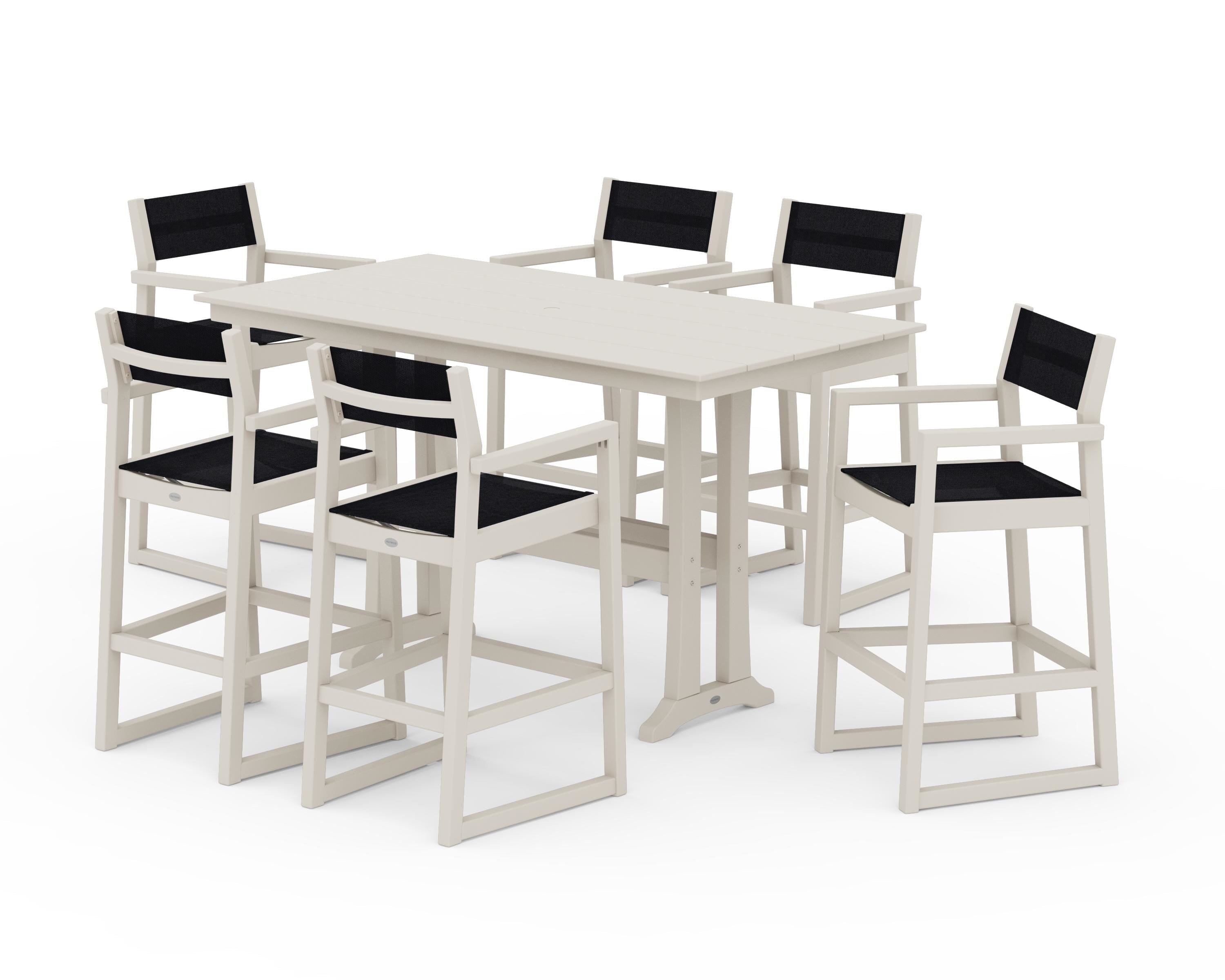 POLYWOOD EDGE Sling Arm Chair 7-Piece Farmhouse Bar Set with Trestle Legs in Sand / Black Sling