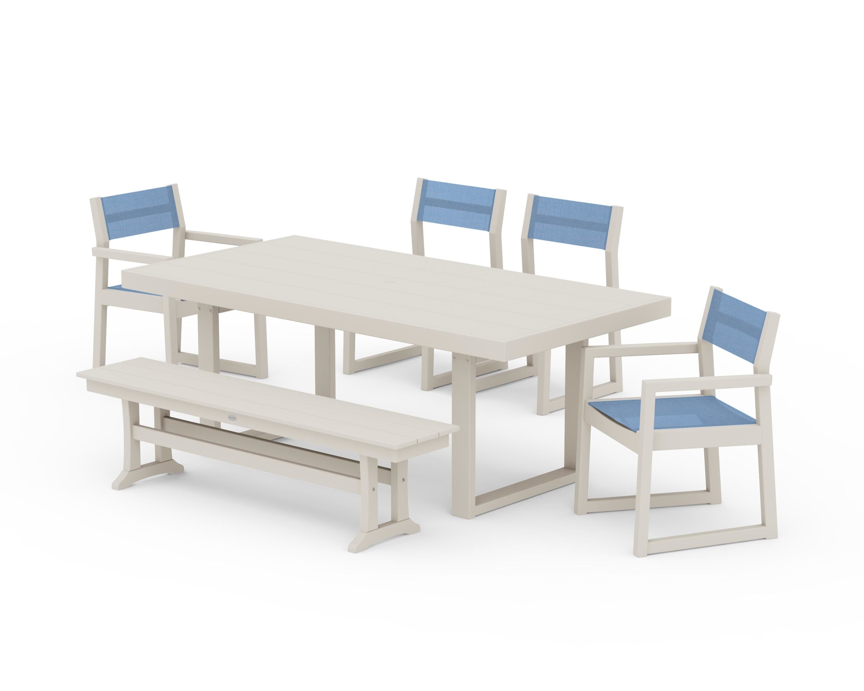 POLYWOOD EDGE Sling 6-Piece Dining Set with Bench in Sand / Poolside Sling