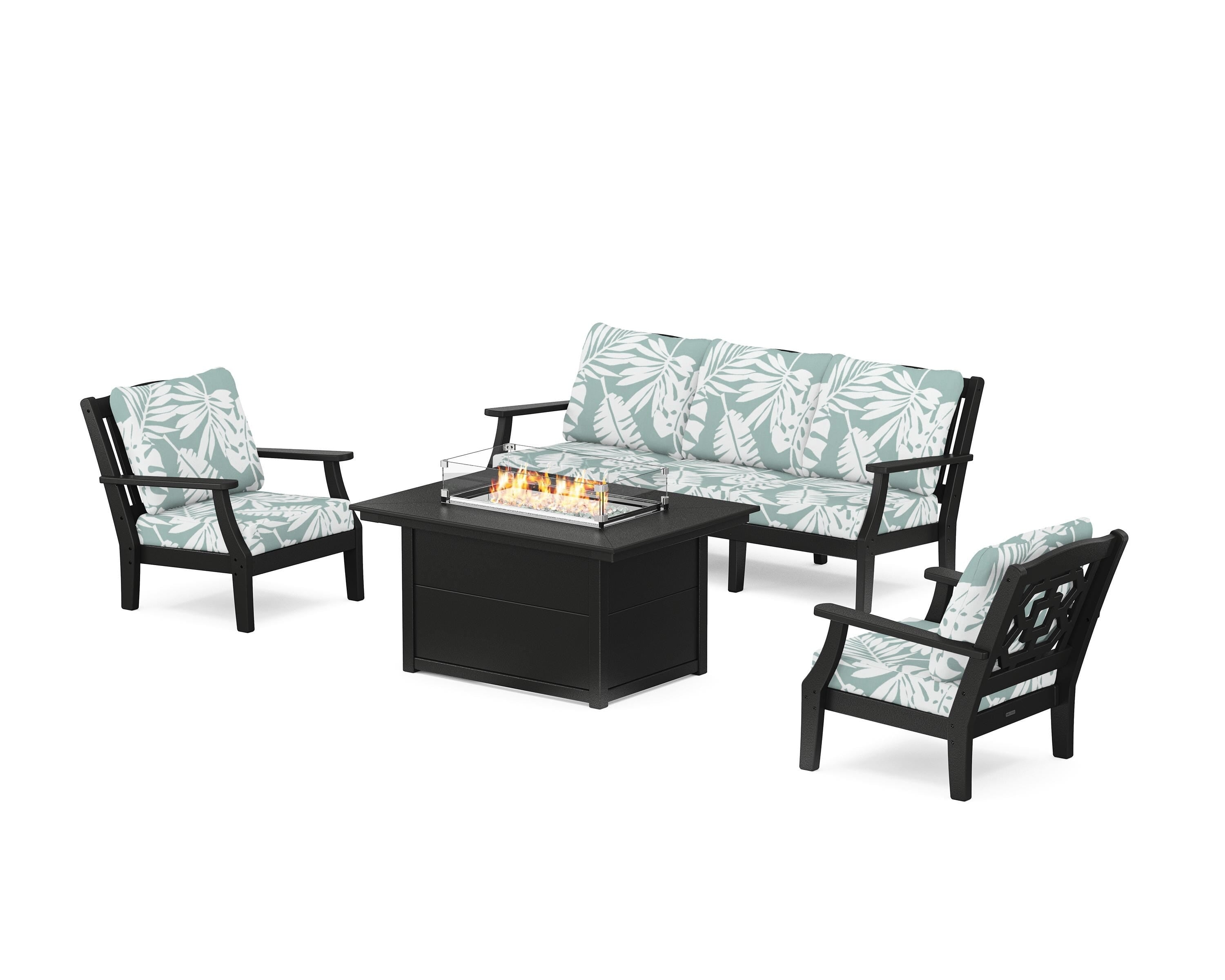 Martha Stewart by POLYWOOD Chinoiserie Deep Seating Fire Pit Table Set in Black / Leaf Glacier Spa