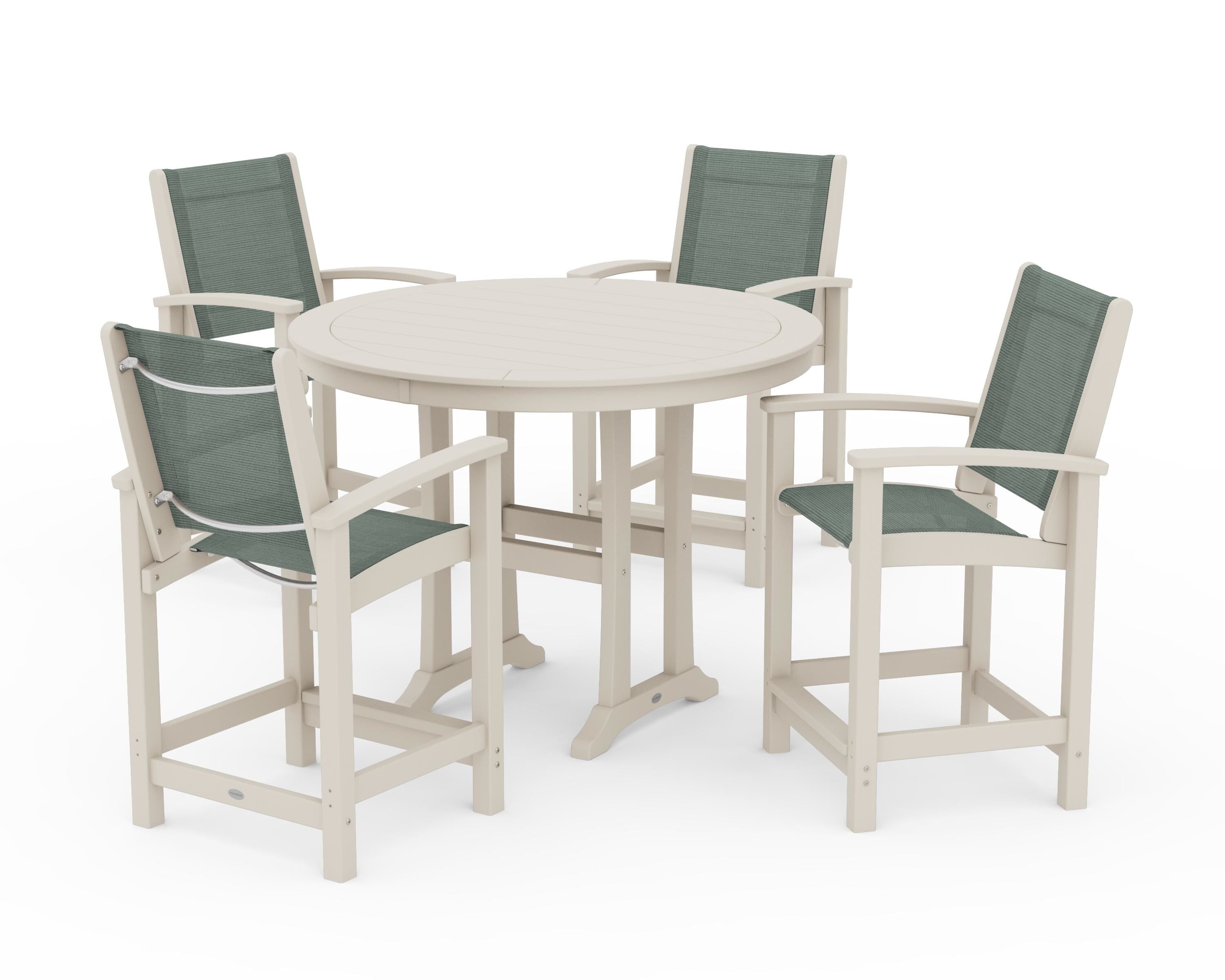 POLYWOOD Coastal 5-Piece Counter Set in Sand / Dupioni Sea Mist Sling