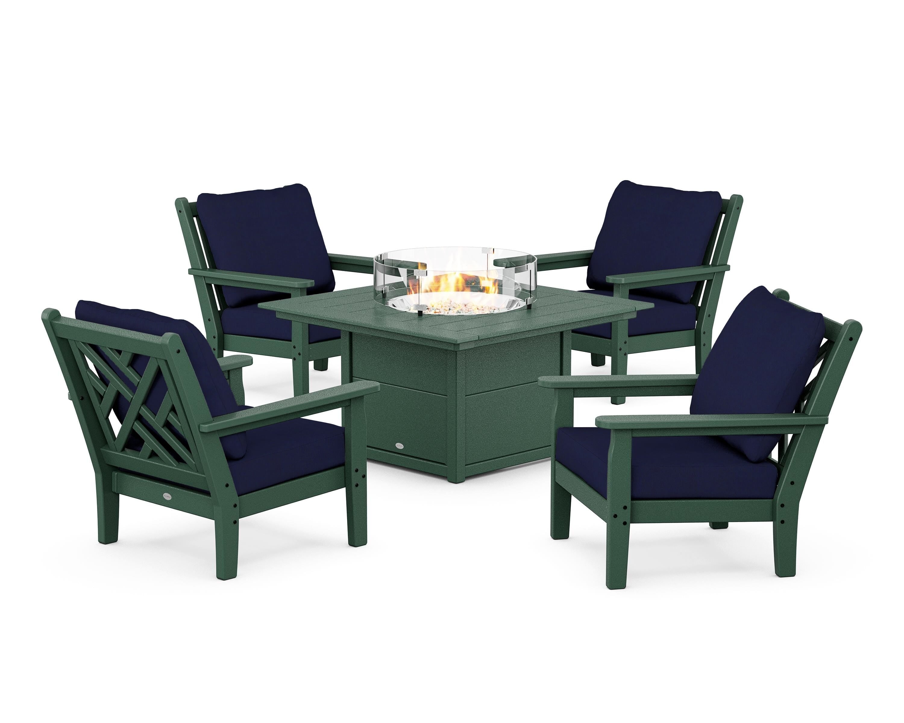POLYWOOD Chippendale 5-Piece Deep Seating Set with Fire Pit Table in Green / Navy