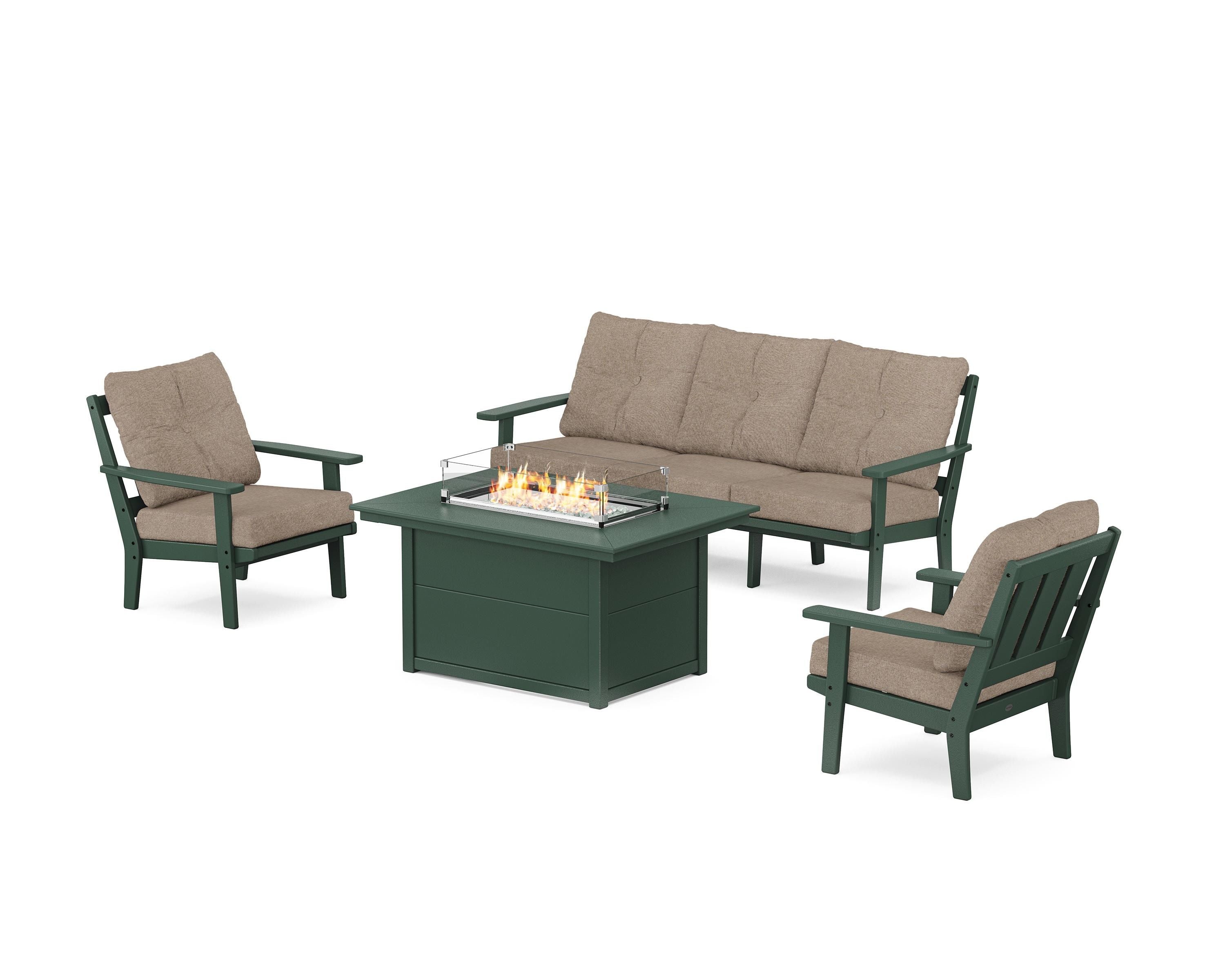 POLYWOOD Oxford Deep Seating Fire Pit Table Set in Green / Spiced Burlap