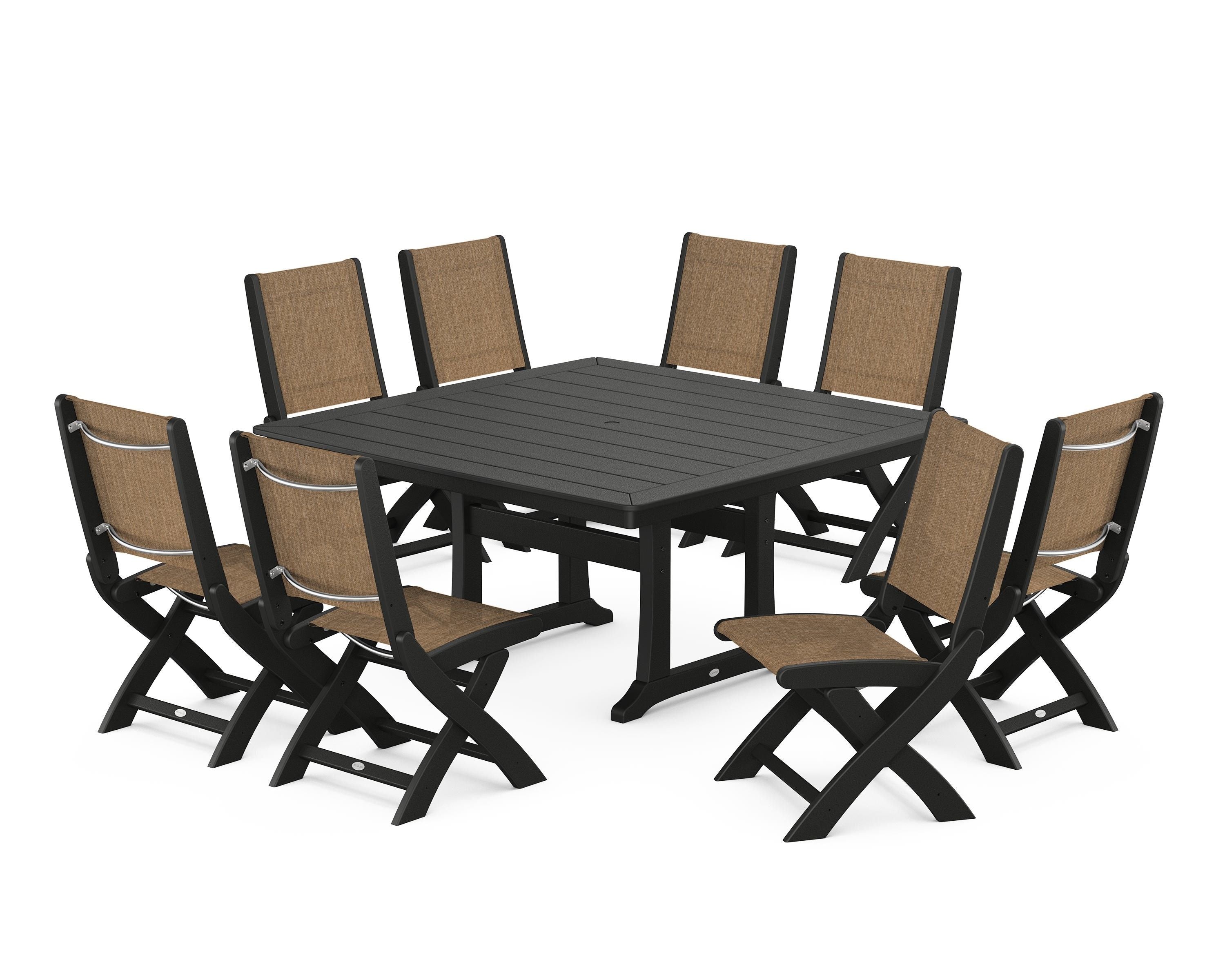 POLYWOOD Coastal Folding Side Chair 9-Piece Dining Set with Trestle Legs in Black / Burlap Sling