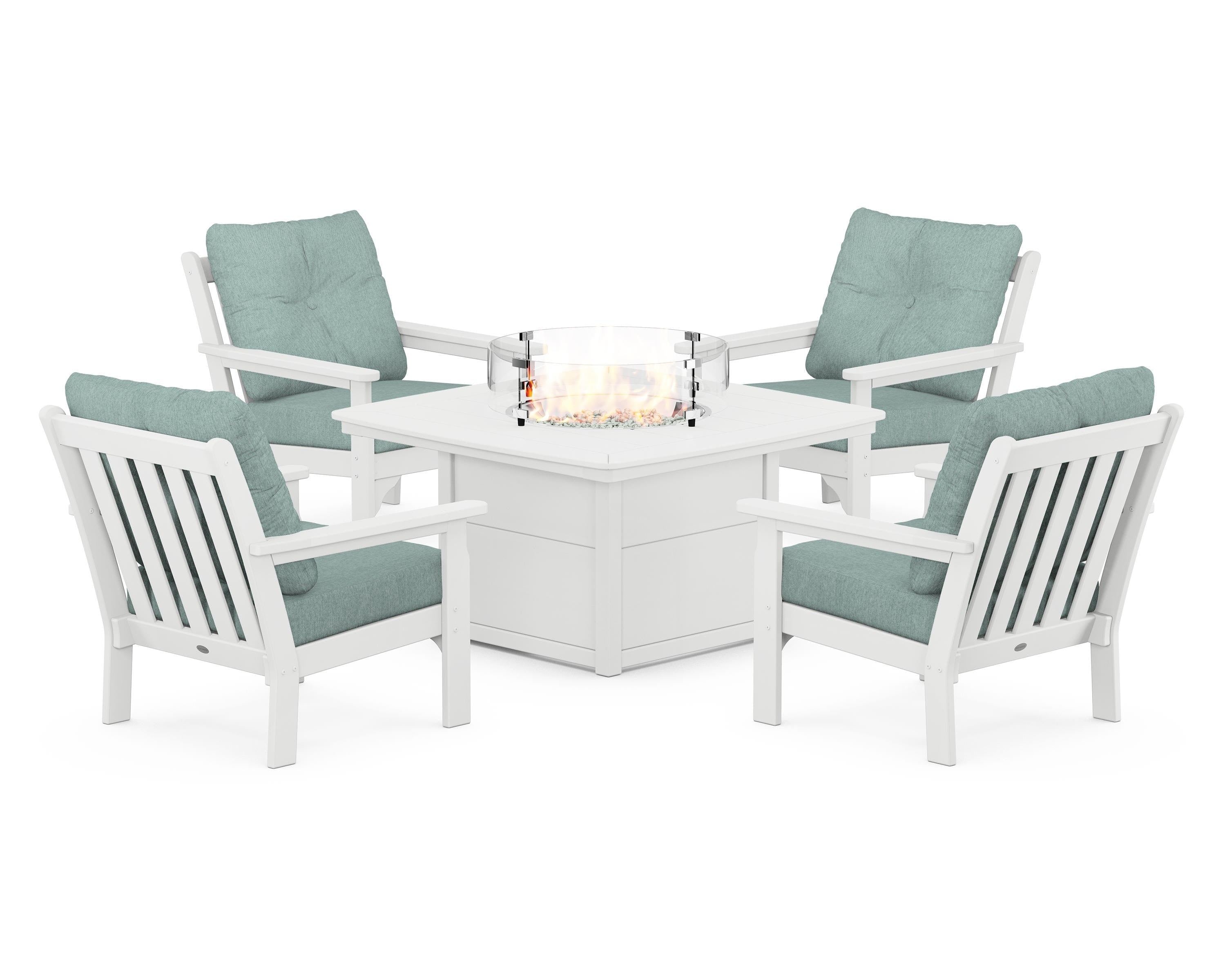 POLYWOOD Vineyard 5-Piece Conversation Set with Fire Pit Table in White / Glacier Spa