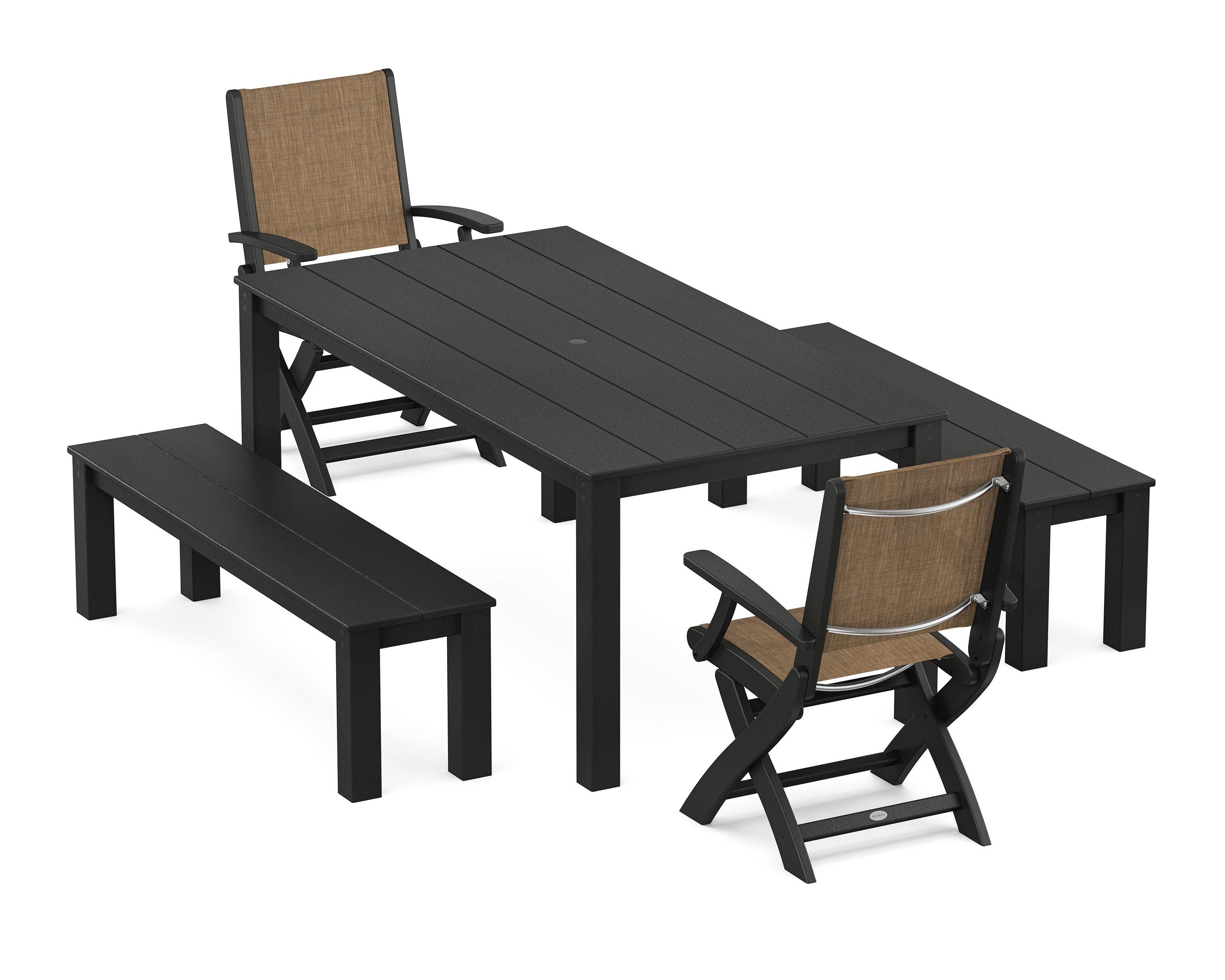 POLYWOOD Coastal Folding Chair 5-Piece Parsons Dining Set with Benches in Black / Burlap Sling