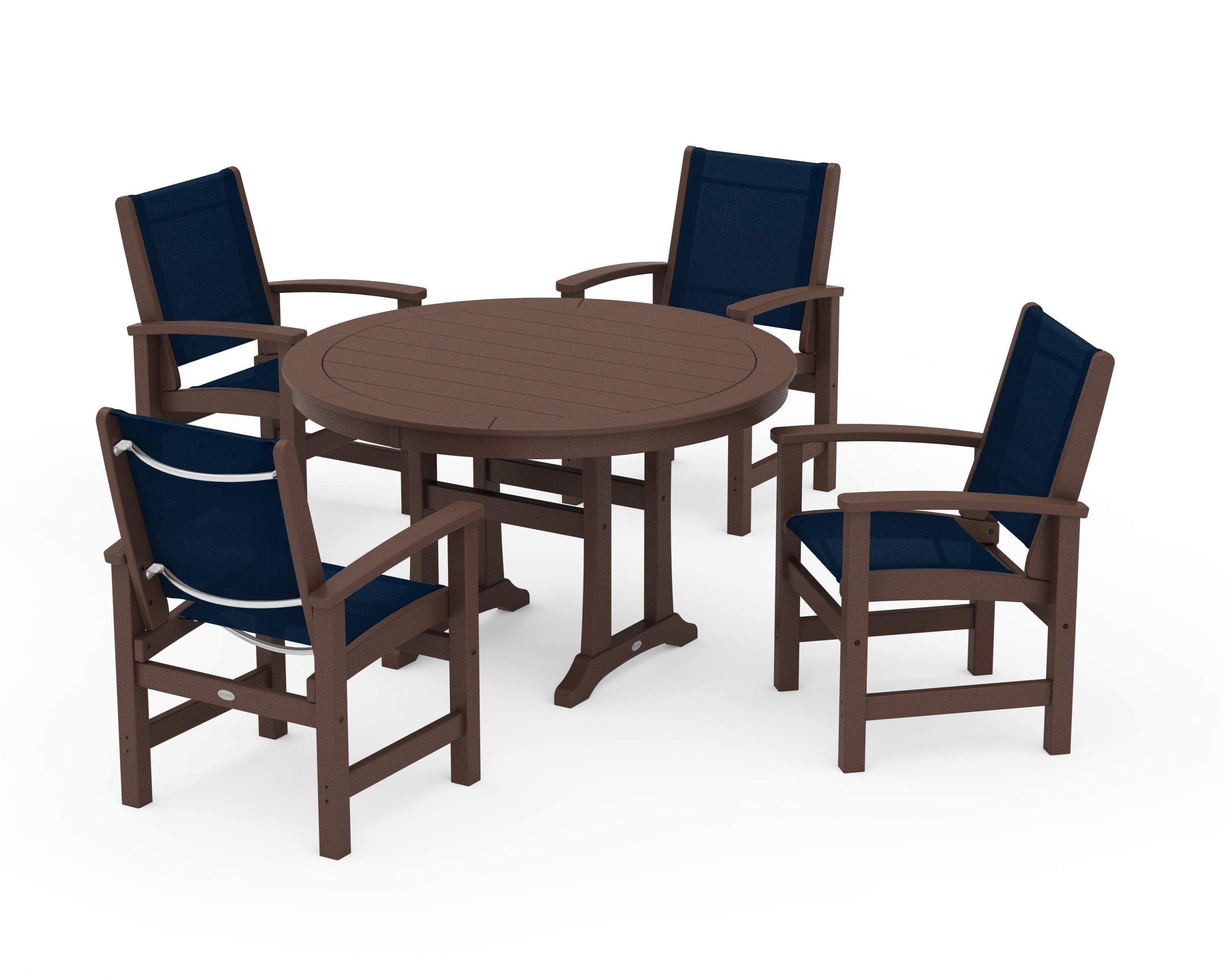 POLYWOOD Coastal 5-Piece Round Dining Set with Trestle Legs in Mahogany / Navy Blue Sling