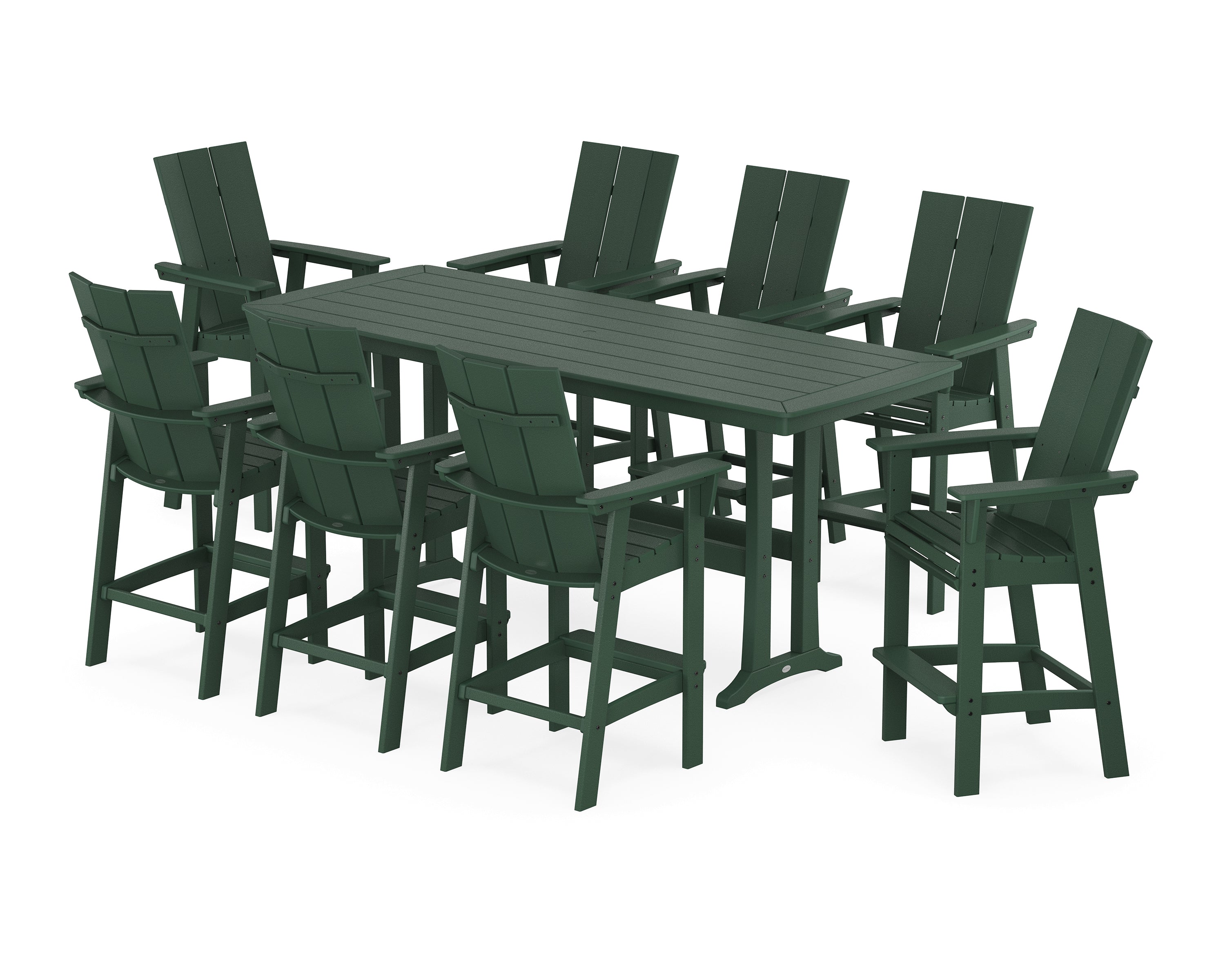 POLYWOOD Modern Curveback Adirondack 9-Piece Bar Set with Trestle Legs in Green