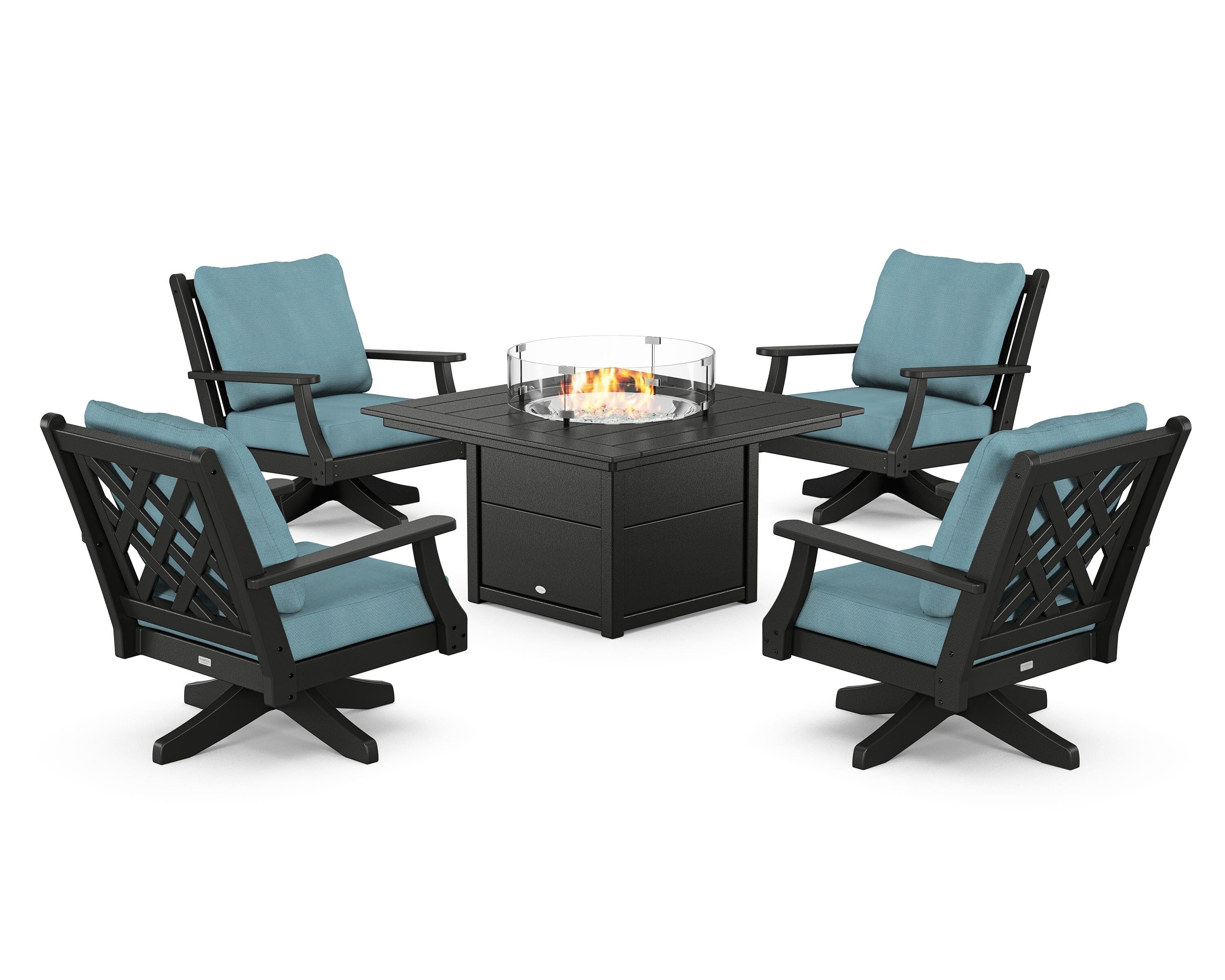 Country Living Wovendale 5-Piece Deep Seating Swivel Conversation Set with Fire Pit Table in Black / Lattice Sky Blue
