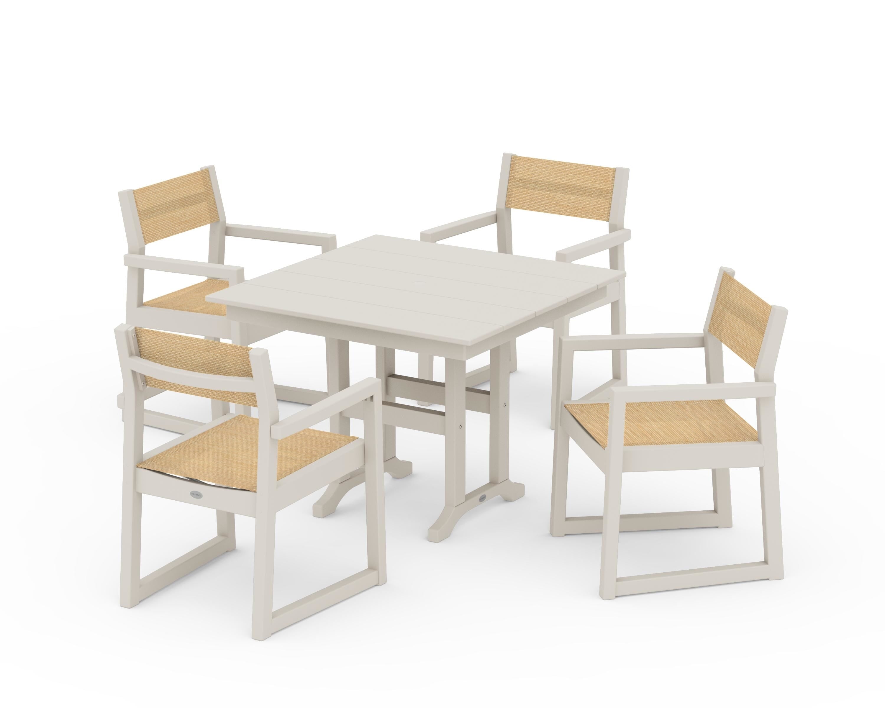 POLYWOOD EDGE Sling Arm Chair 5-Piece Farmhouse Dining Set in Sand / Dupioni Apricot Sling