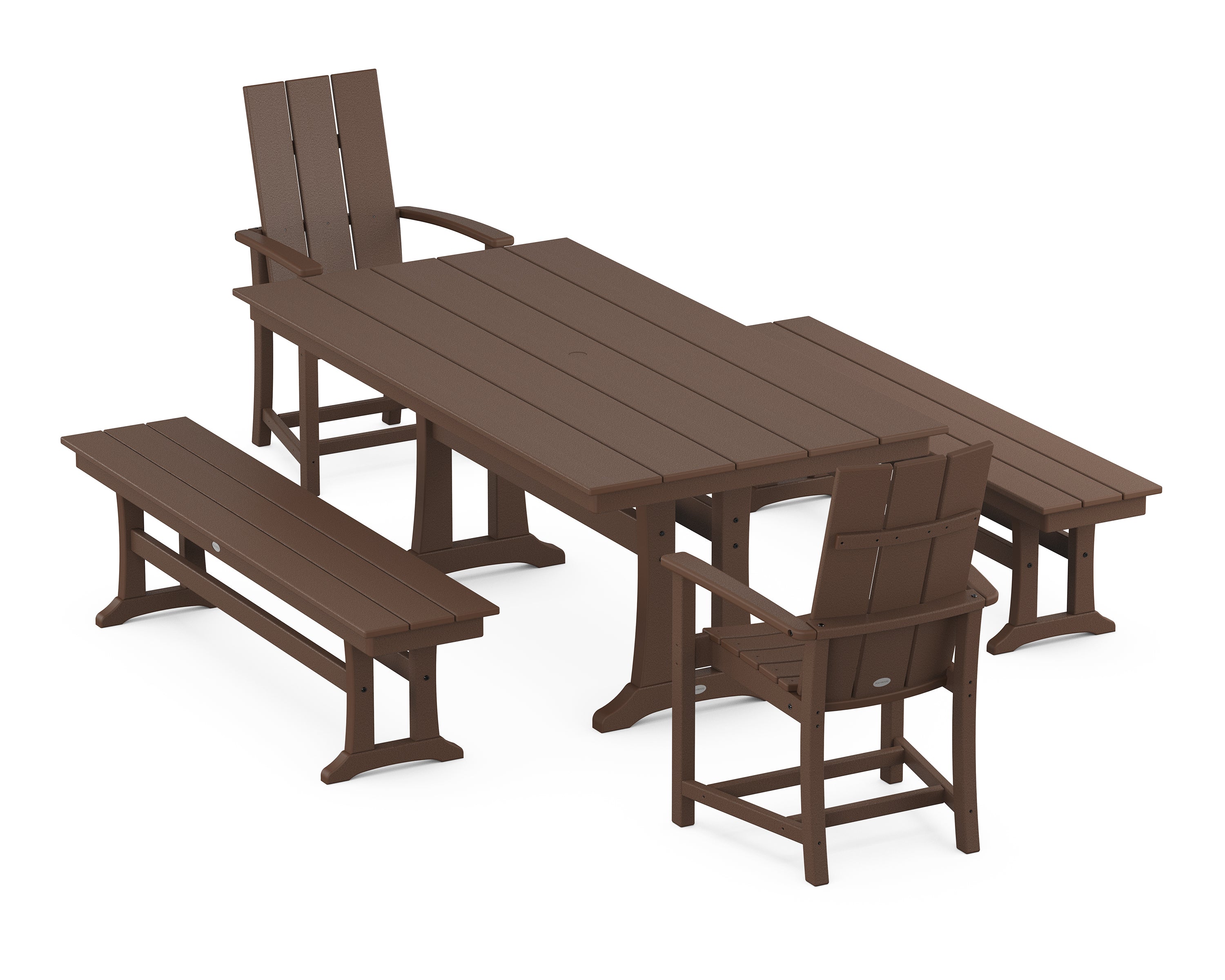 POLYWOOD® Modern Adirondack 5-Piece Farmhouse Dining Set With Trestle Legs in Mahogany