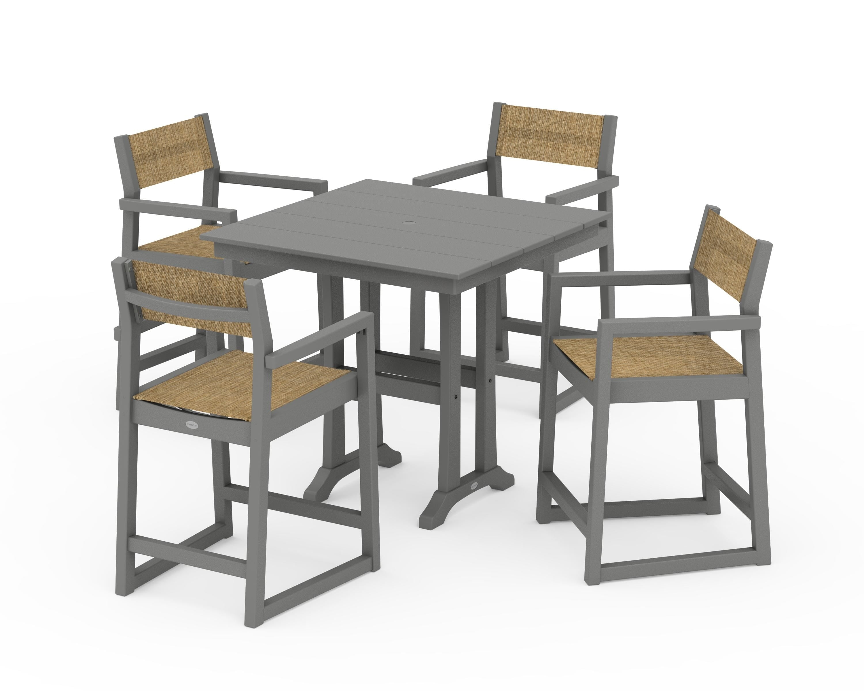 POLYWOOD EDGE Sling Arm Chair 5-Piece Farmhouse Counter Set with Trestle Legs in Slate Grey / Burlap Sling