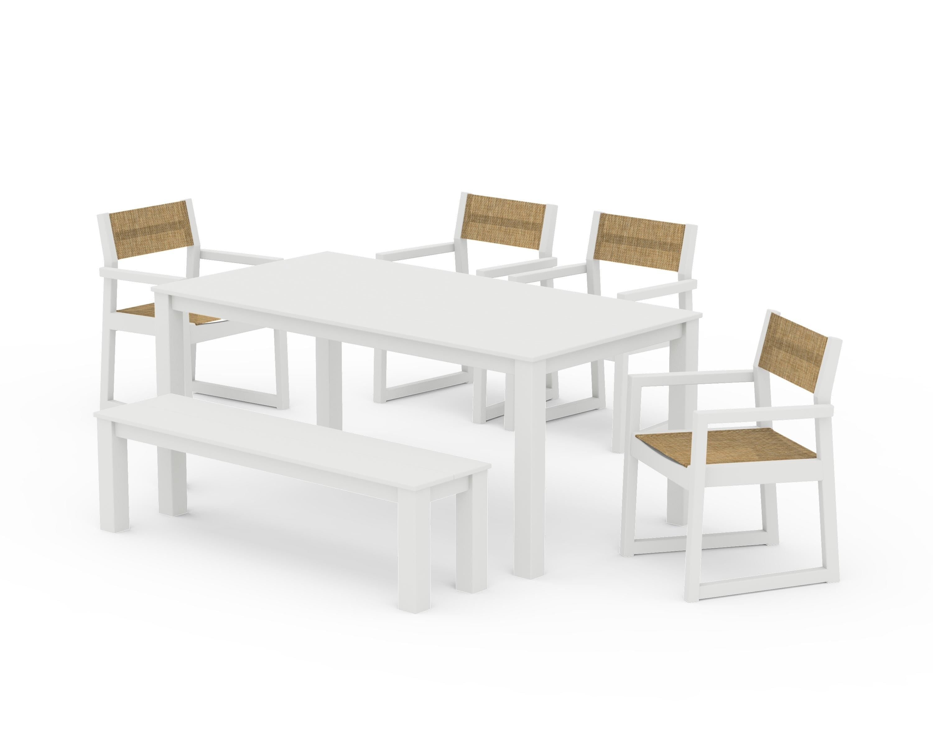 POLYWOOD EDGE Sling Arm Chair 6-Piece Parsons Dining Set with Bench in Vintage White / Burlap Sling