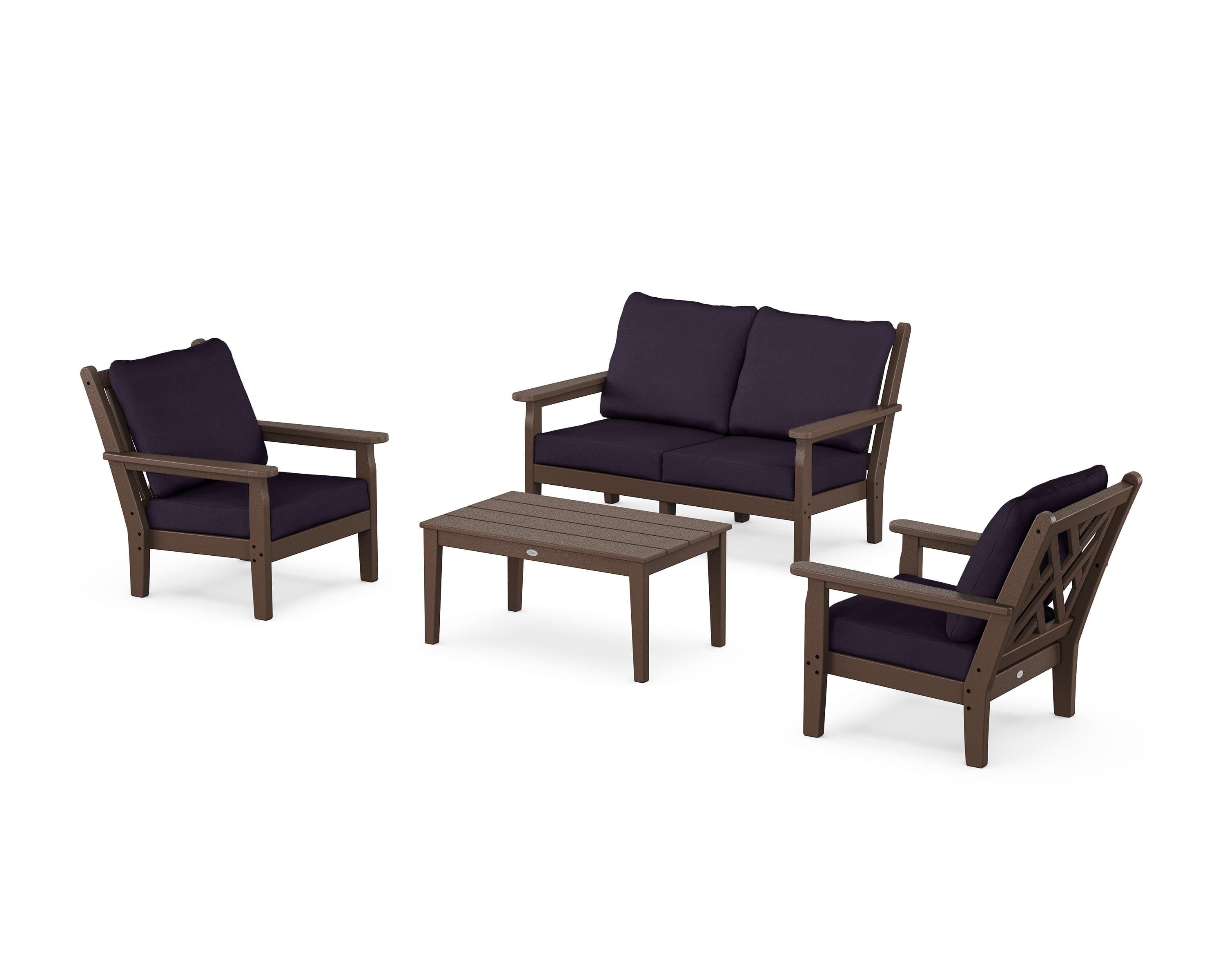 POLYWOOD Chippendale 4-Piece Deep Seating Set with Loveseat in Mahogany / Navy Linen