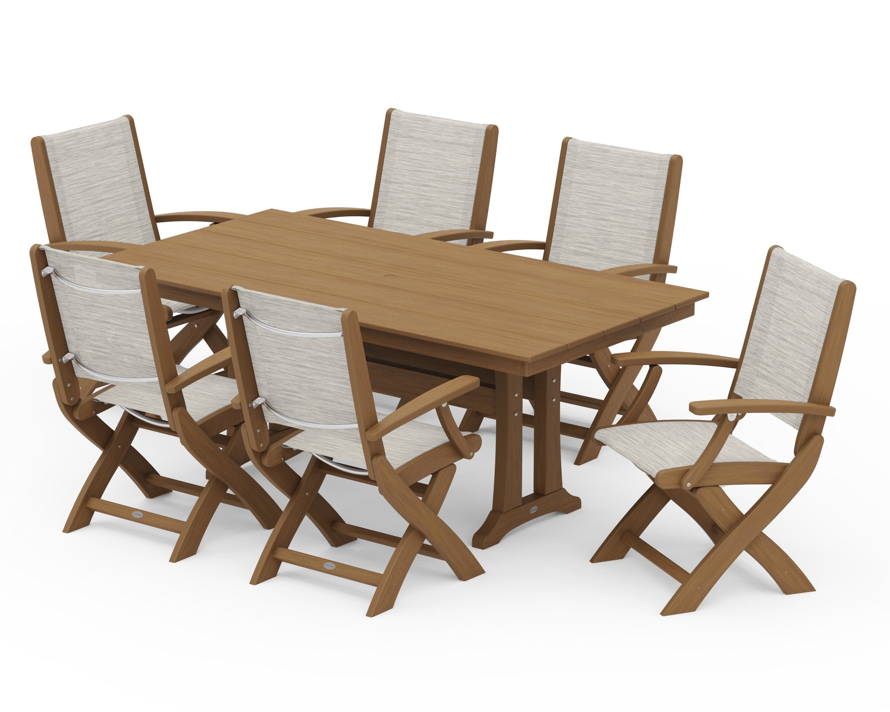 POLYWOOD Coastal Folding Arm Chair 7-Piece Farmhouse Dining Set with Trestle Legs in Natural / Birch Sling