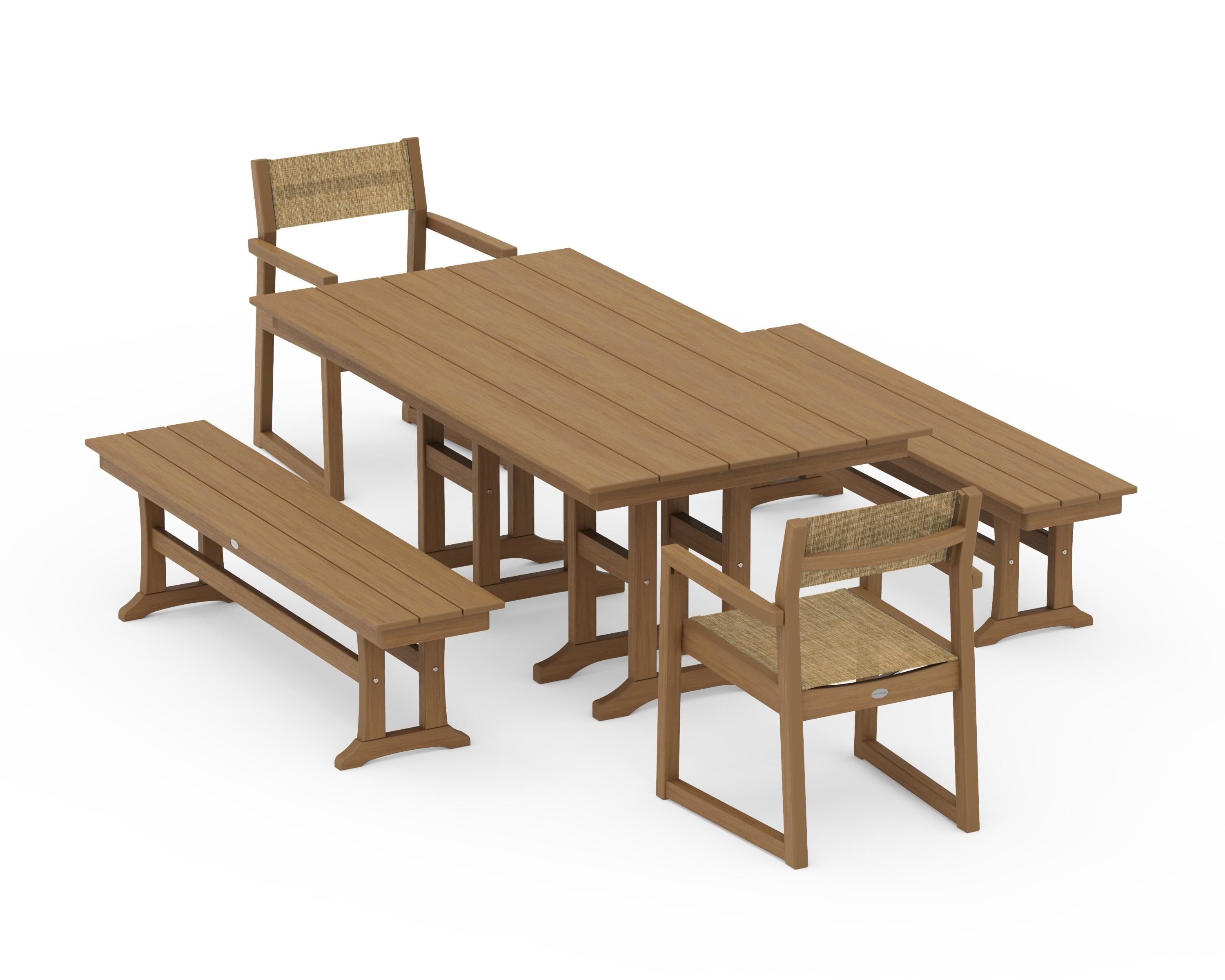 POLYWOOD EDGE Sling Arm Chair 5-Piece Farmhouse Dining Set with Benches in Natural / Burlap Sling