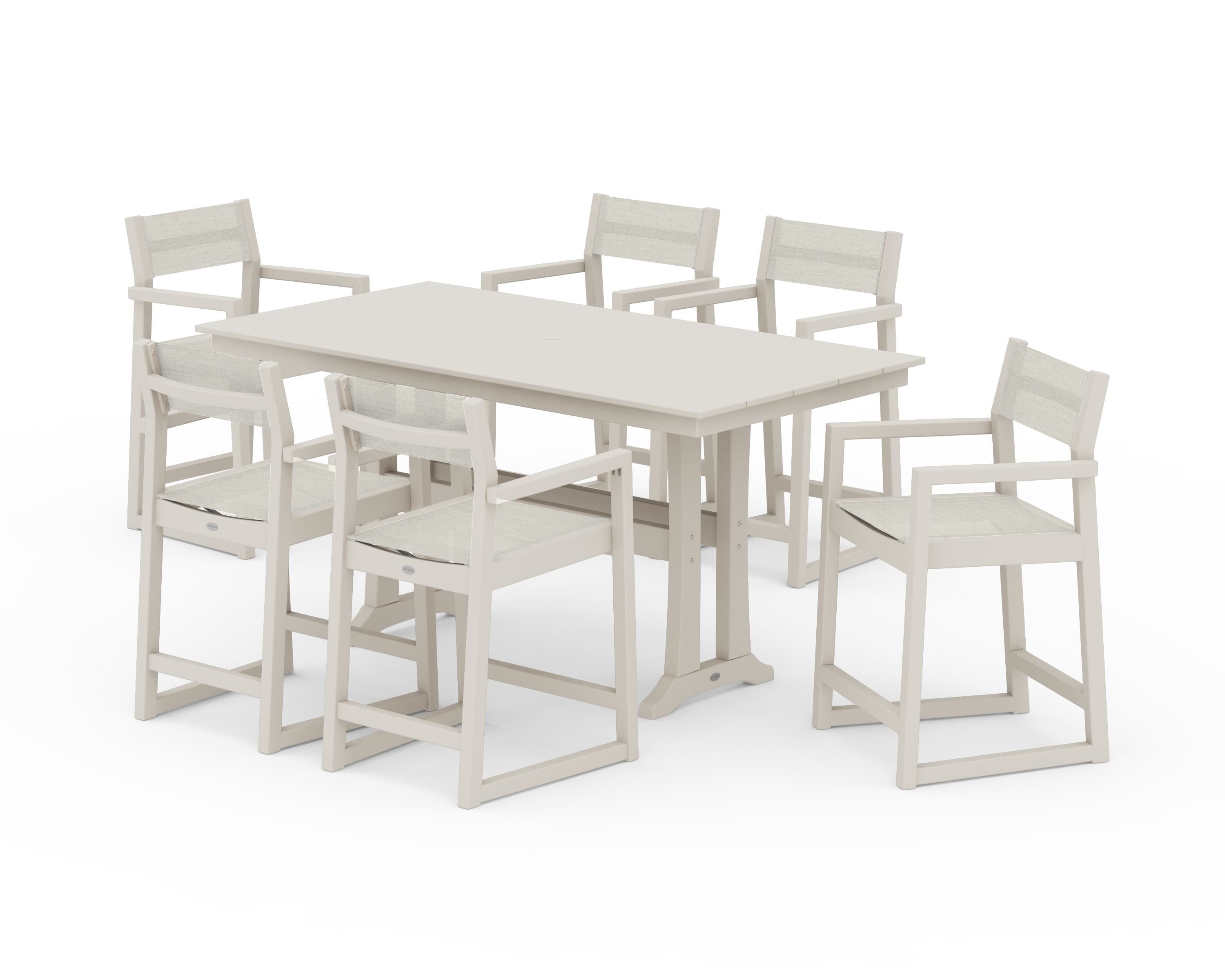 POLYWOOD EDGE Sling Arm Chair 7-Piece Farmhouse Counter Set with Trestle Legs in Sand / Parchment Sling