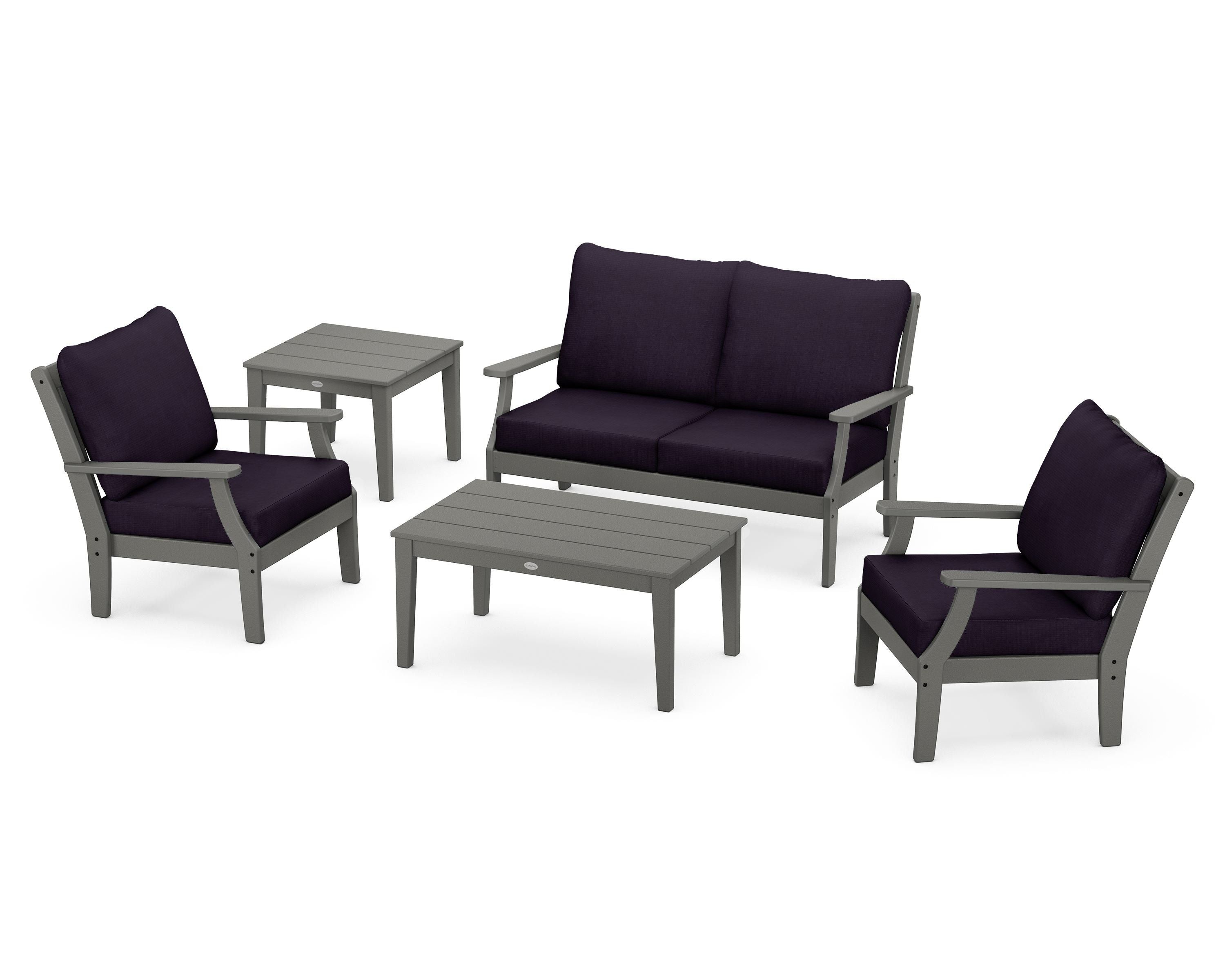 POLYWOOD Braxton 5-Piece Deep Seating Set in Slate Grey / Navy Linen