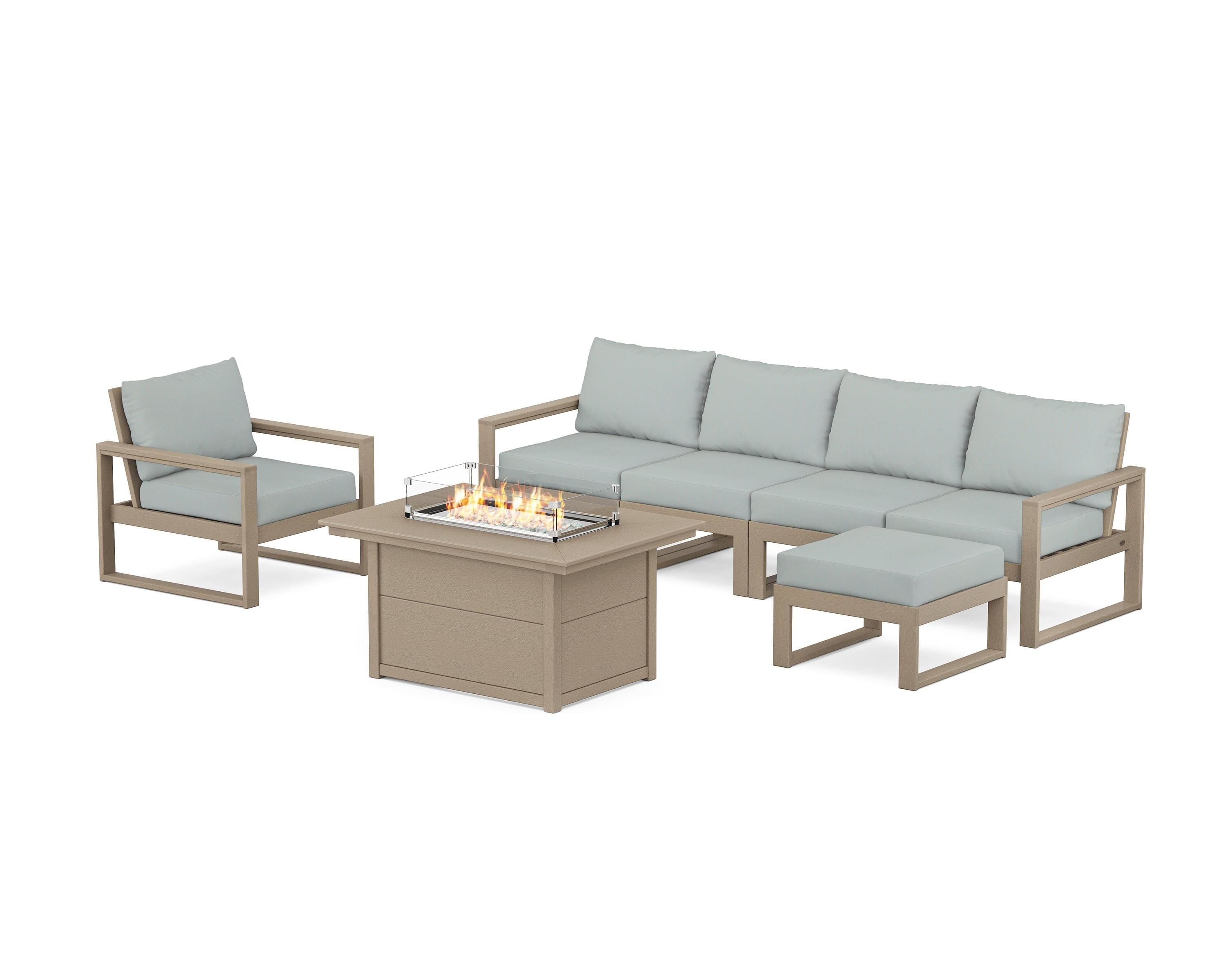 POLYWOOD EDGE Sectional Lounge and Fire Pit Set in Vintage Sahara / Spa