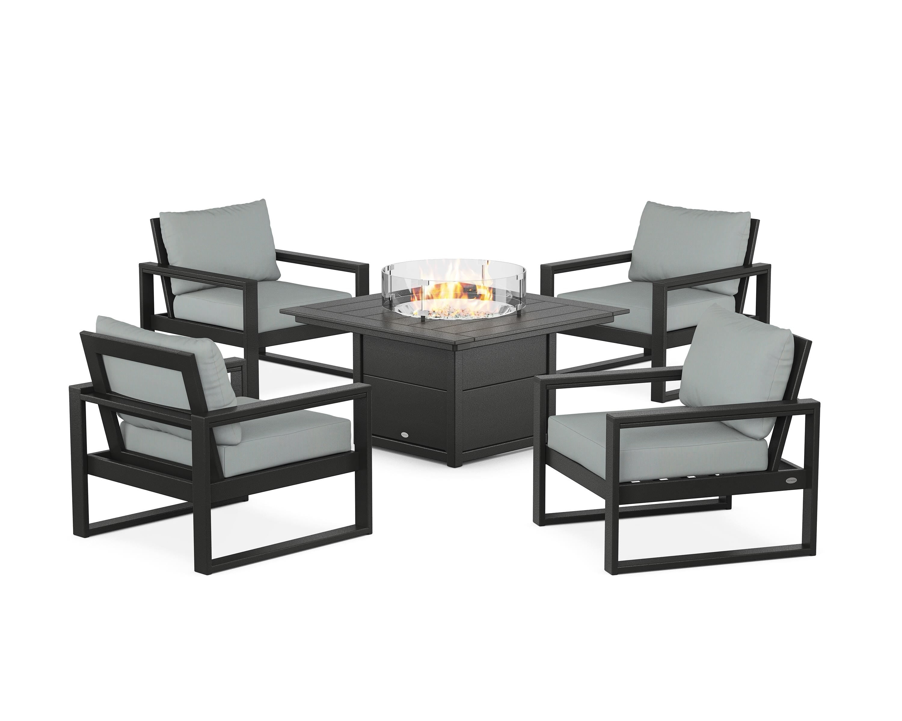 POLYWOOD EDGE Sectional 5-Piece Deep Seating Set with Fire Pit Table in Black / Spa