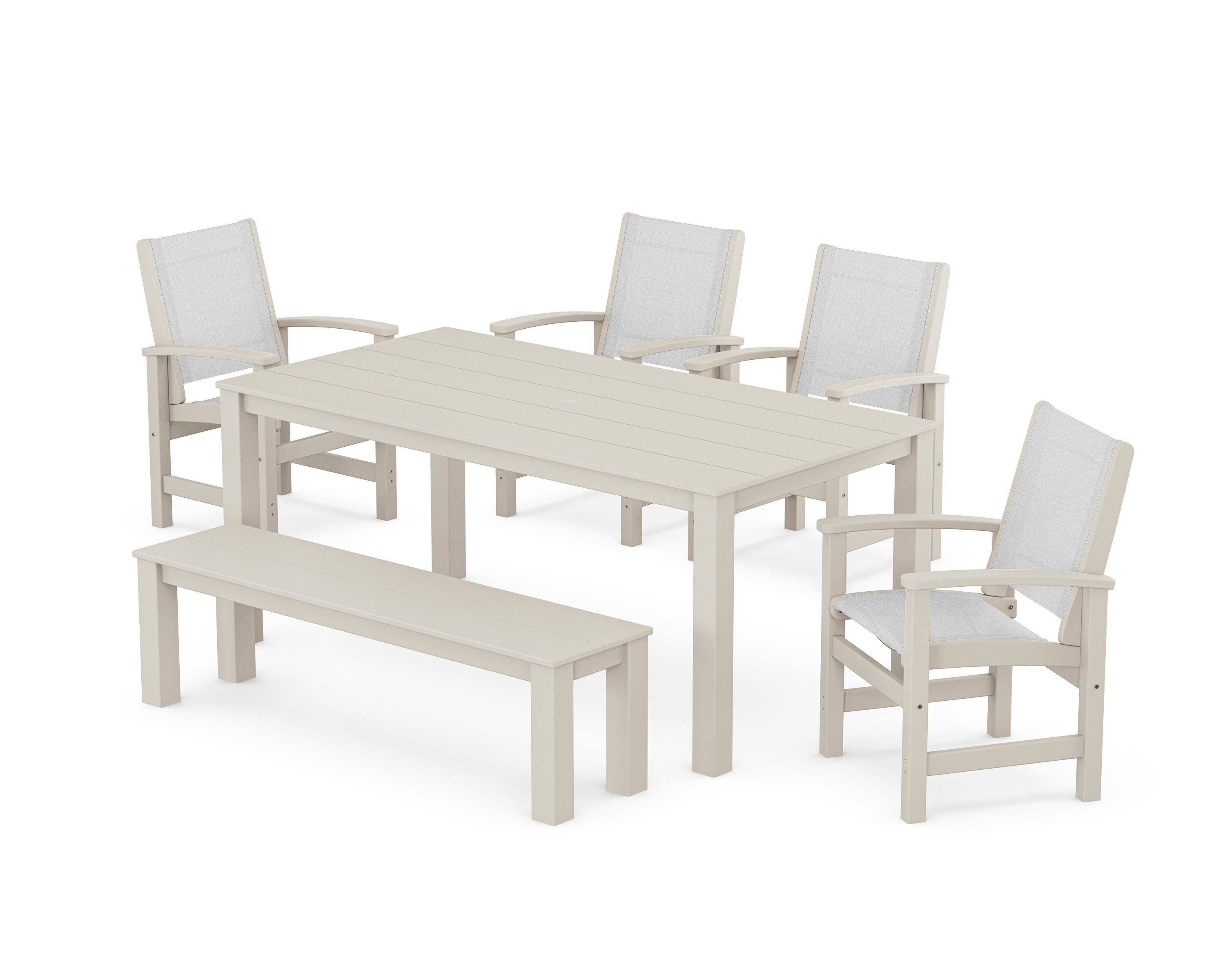 POLYWOOD Coastal 6-Piece Parsons Dining Set with Bench in Sand / White Sling