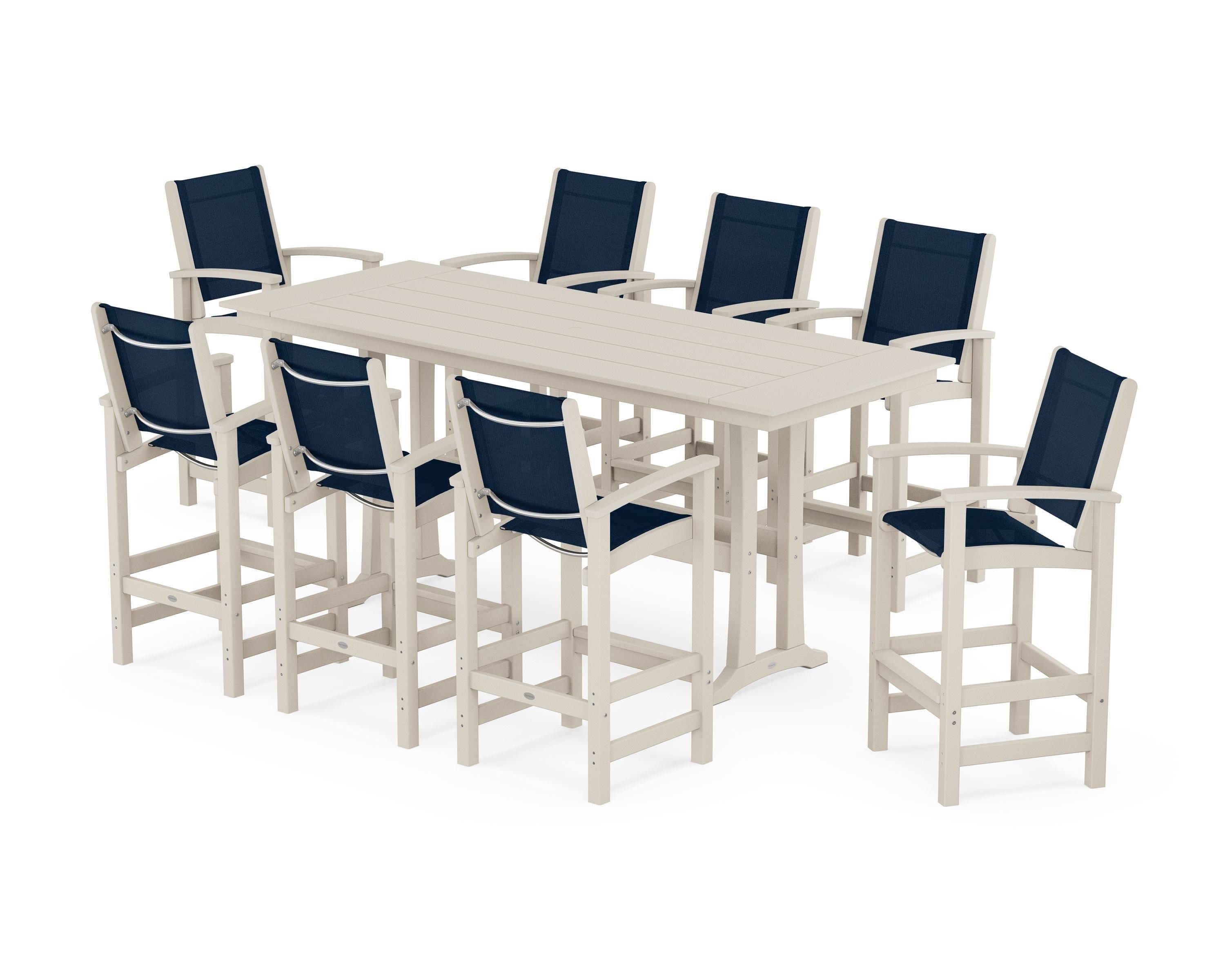 POLYWOOD Coastal 9-Piece Farmhouse Bar Set with Trestle Legs in Sand / Navy Blue Sling