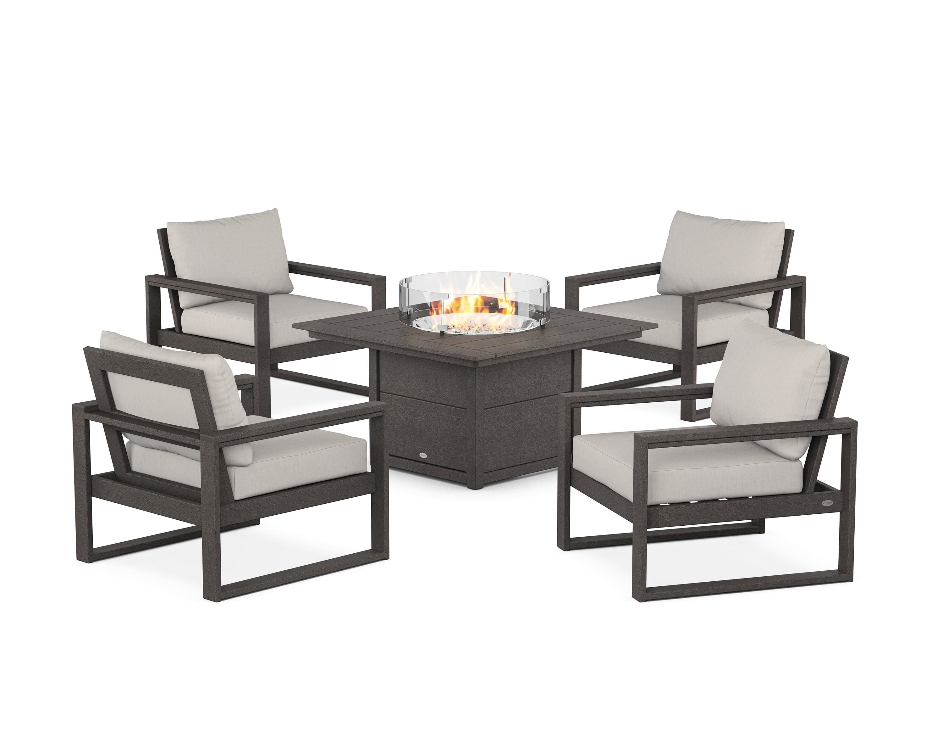 POLYWOOD EDGE Sectional 5-Piece Deep Seating Set with Fire Pit Table in Vintage Coffee / Cast Ash