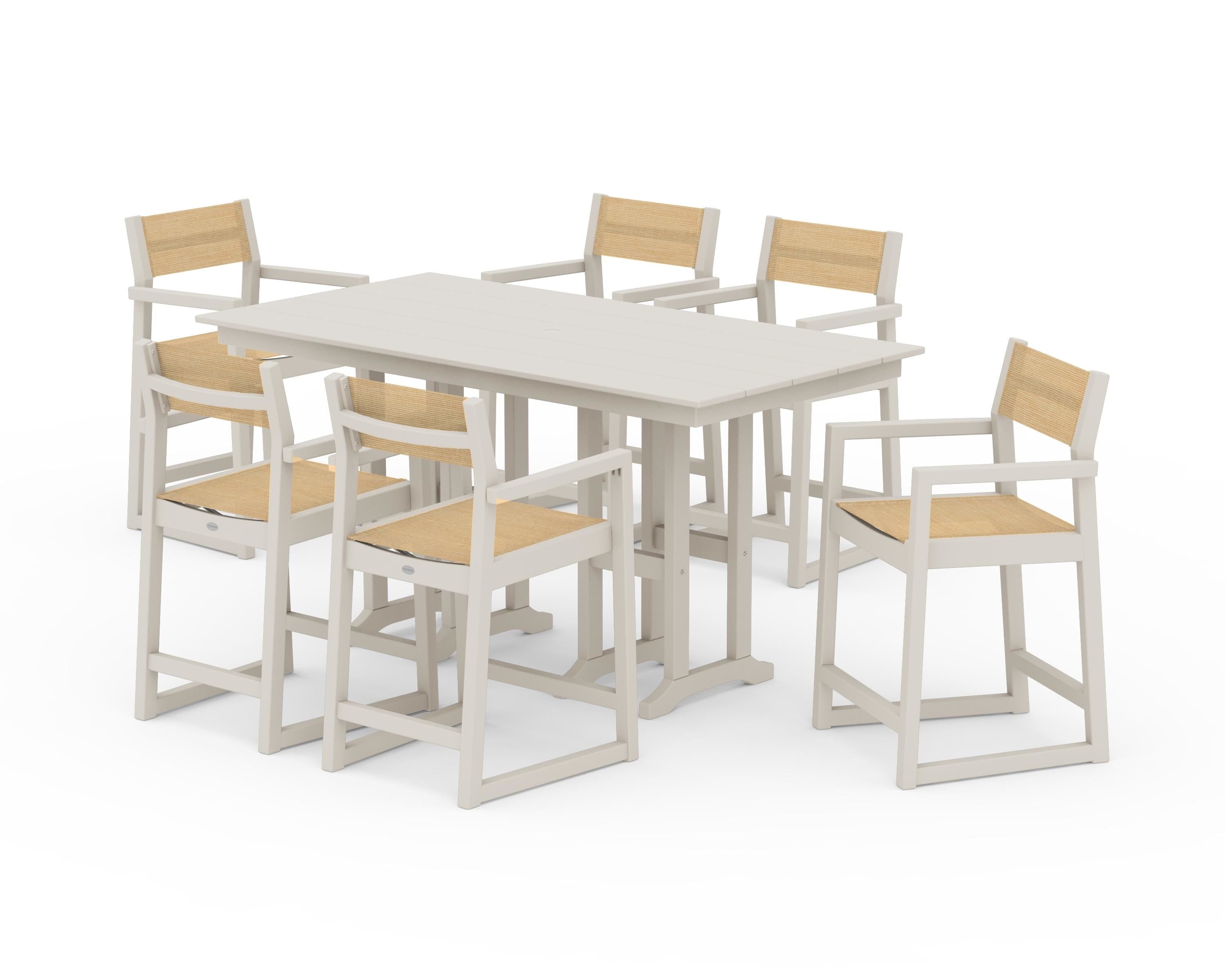 POLYWOOD EDGE Sling Arm Chair 7-Piece Farmhouse Counter Set in Sand / Dupioni Apricot Sling