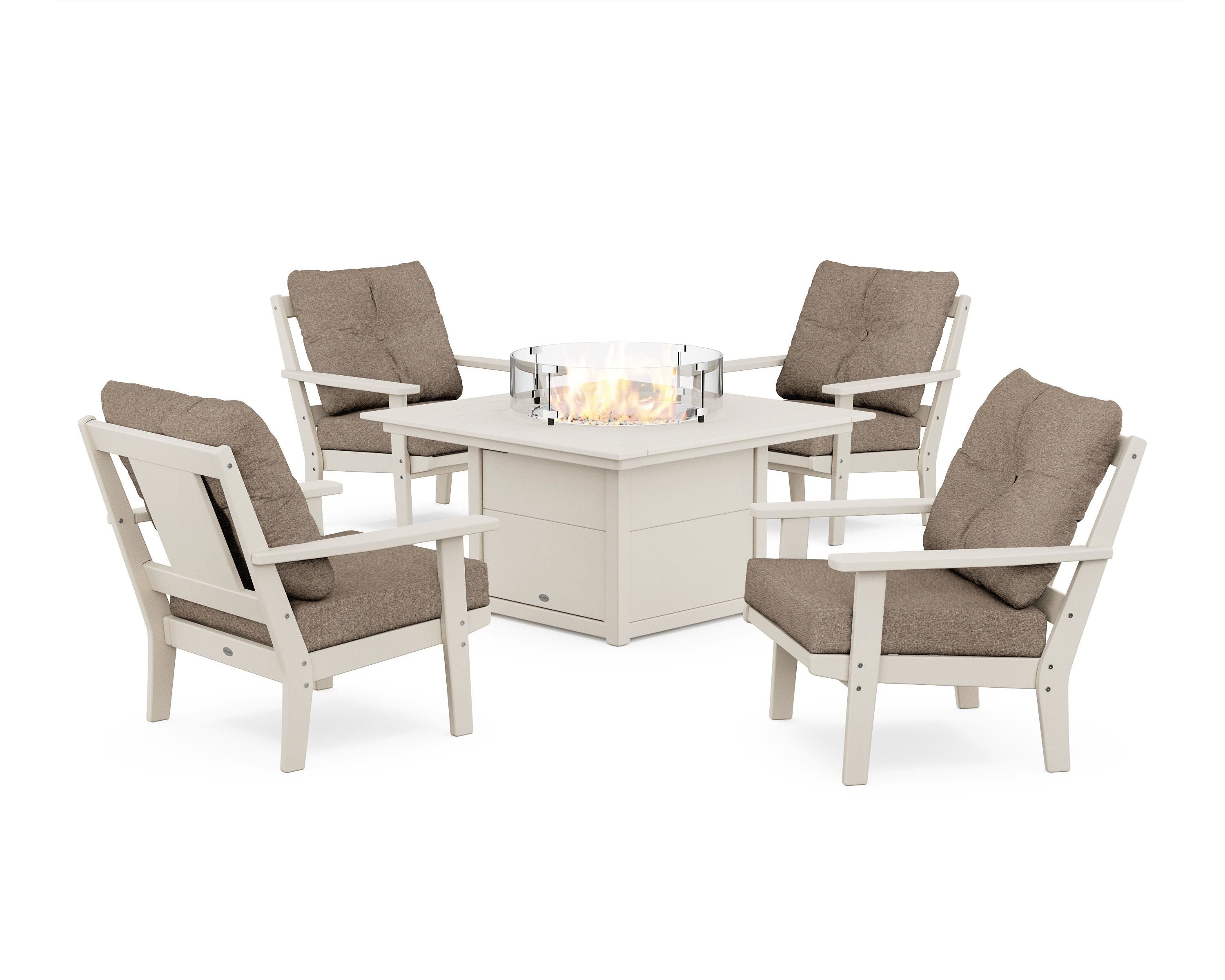 POLYWOOD Prairie 5-Piece Deep Seating Set with Fire Pit Table in Sand / Spiced Burlap
