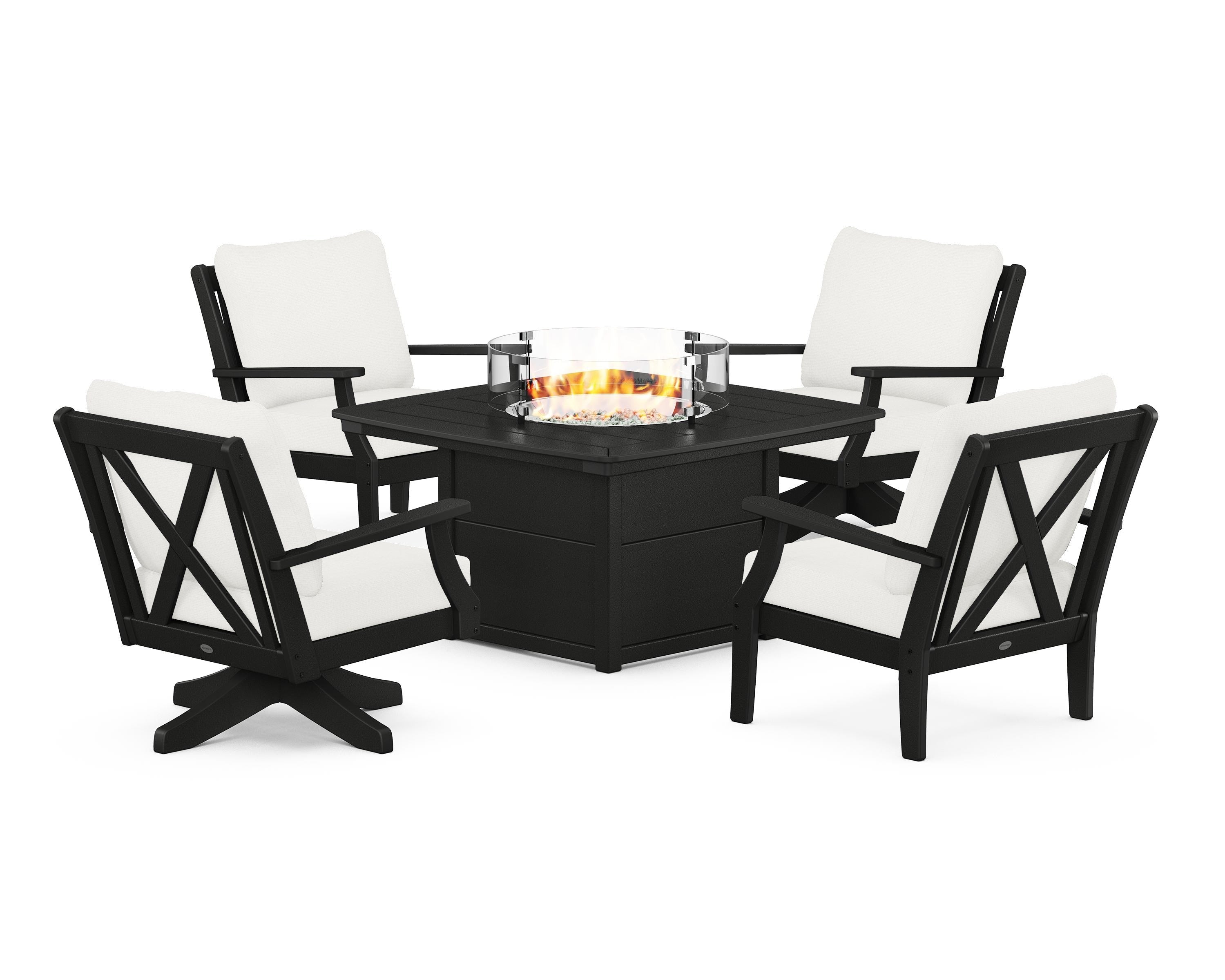 POLYWOOD Braxton 5-Piece Deep Seating Set with Fire Table in Black / Natural Linen