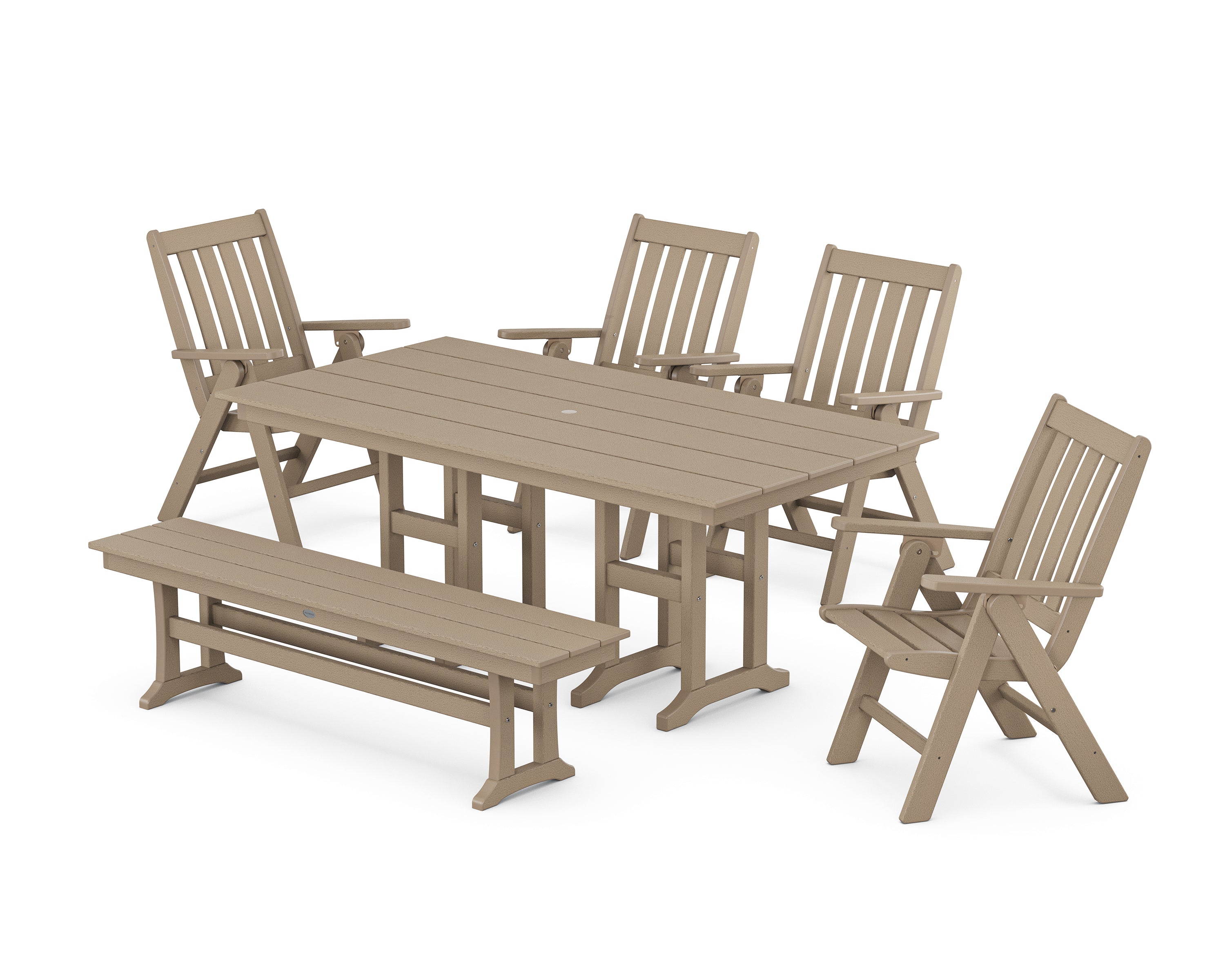 POLYWOOD Vineyard Folding Chair 6-Piece Farmhouse Dining Set with Bench in Vintage Sahara