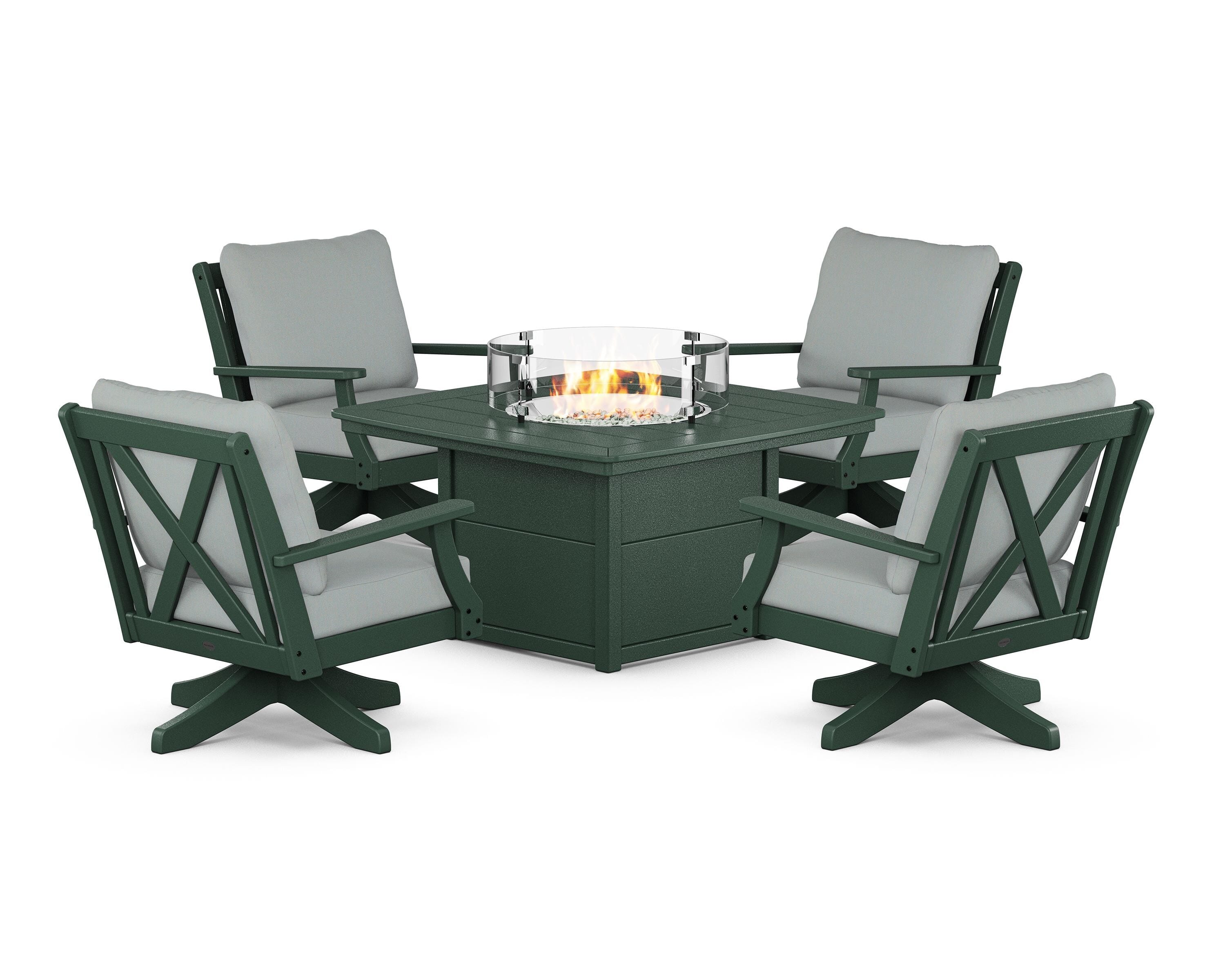 POLYWOOD Braxton 5-Piece Deep Seating Swivel Conversation Set with Fire Pit Table in Green / Spa