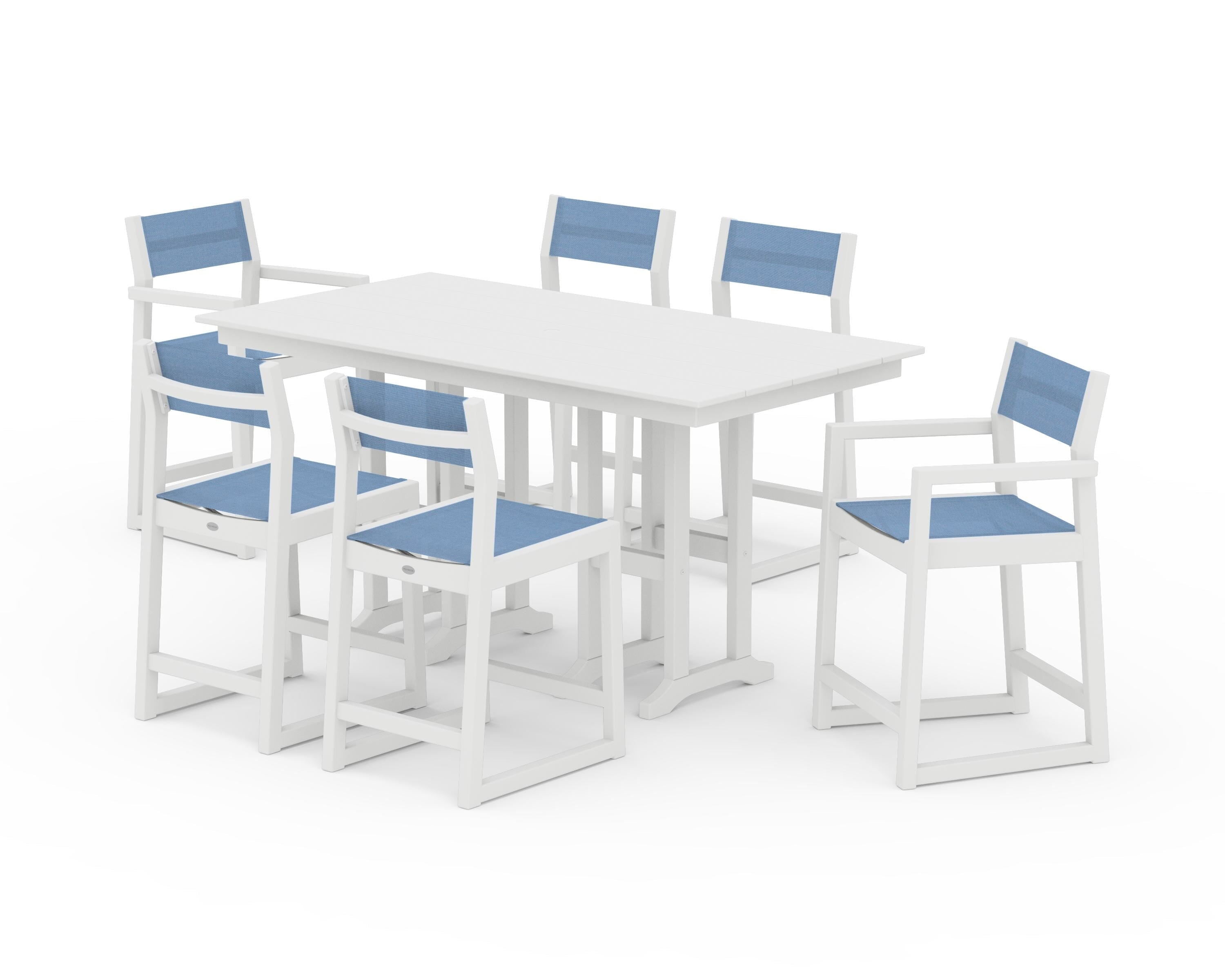 POLYWOOD EDGE Sling 7-Piece Farmhouse Counter Set with Trestle Legs in White / Poolside Sling