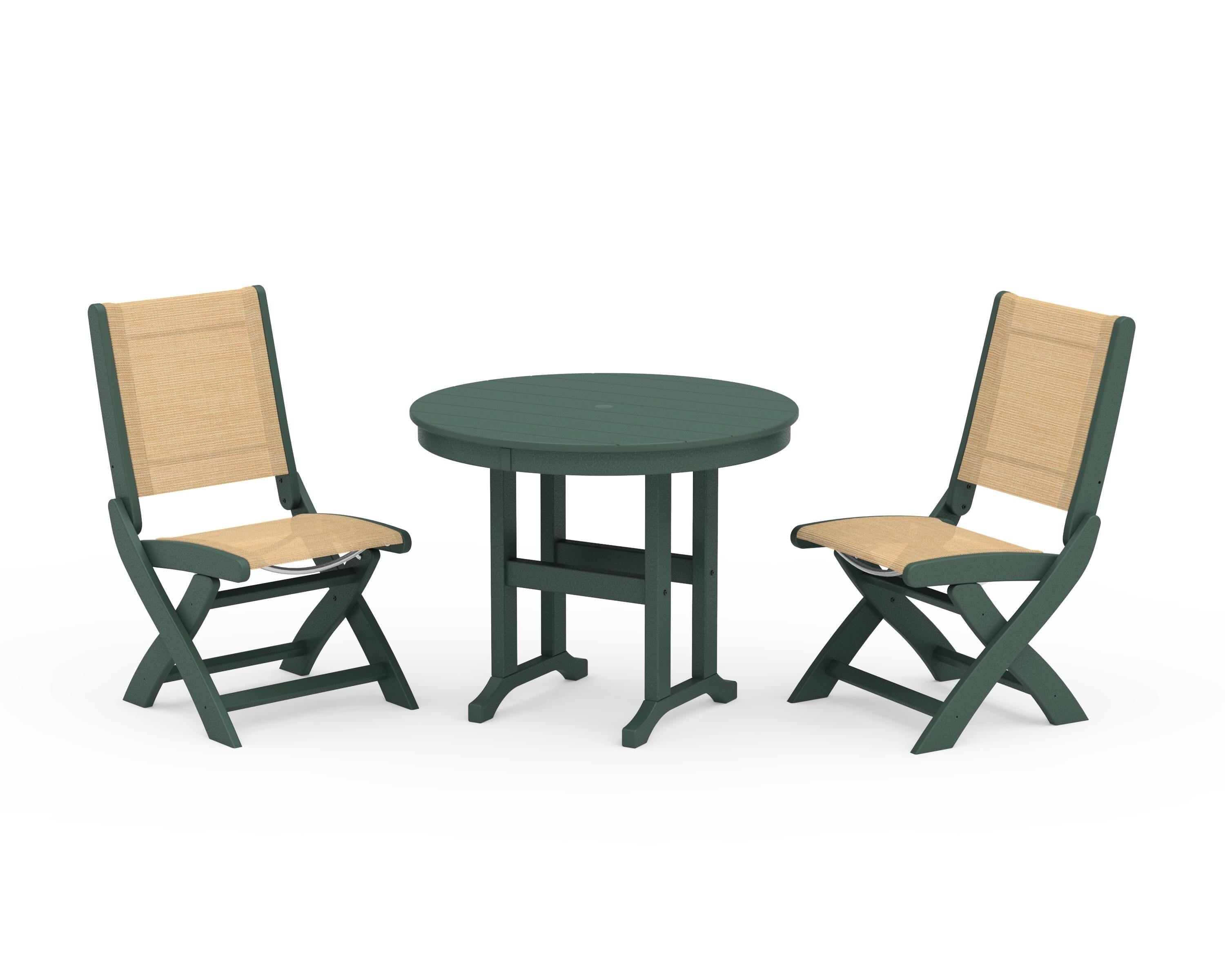 POLYWOOD Coastal Folding Side Chair 3-Piece Round Dining Set in Green / Dupioni Apricot Sling