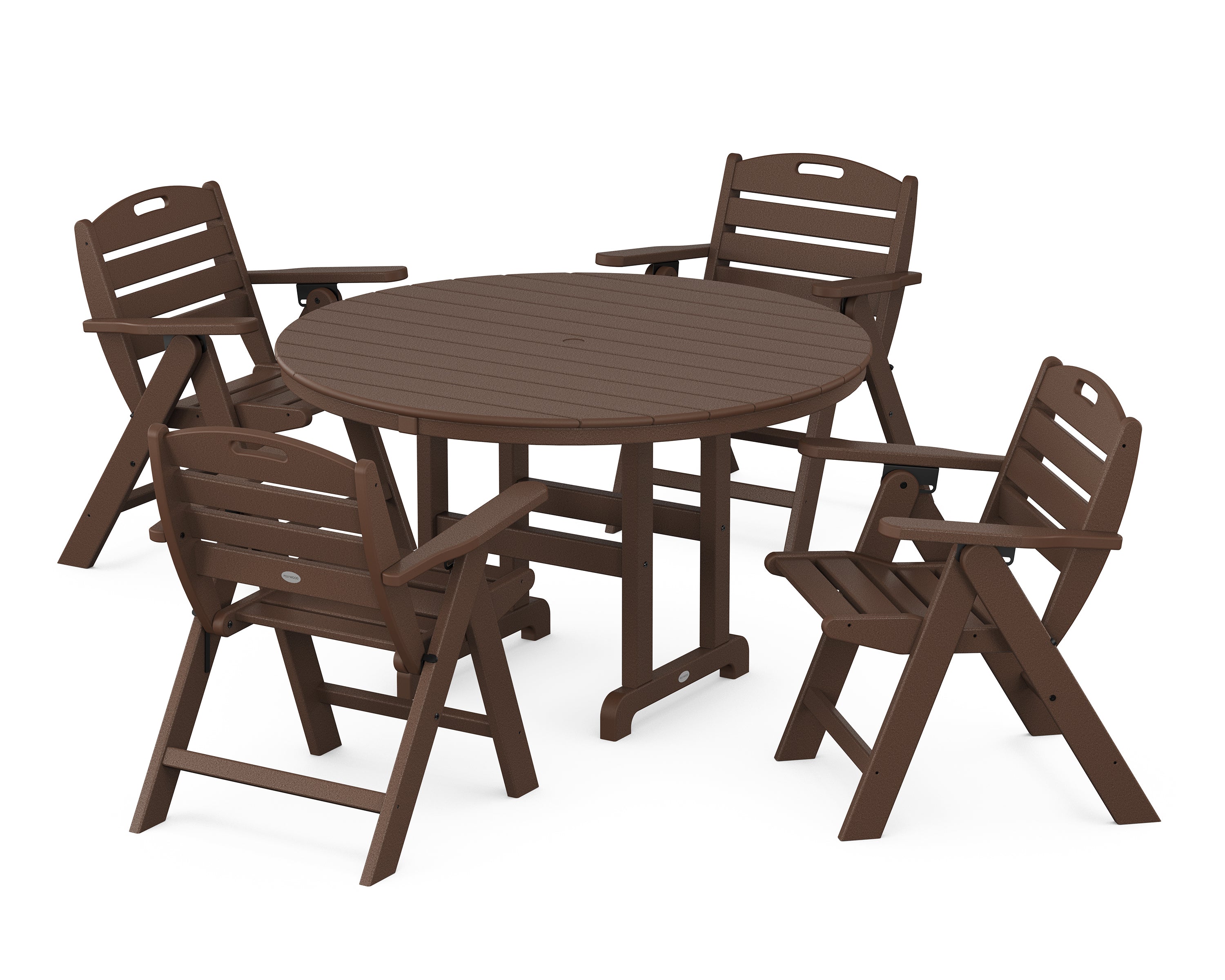 POLYWOOD® Nautical Folding Lowback Chair 5-Piece Round Farmhouse Dining Set in Mahogany