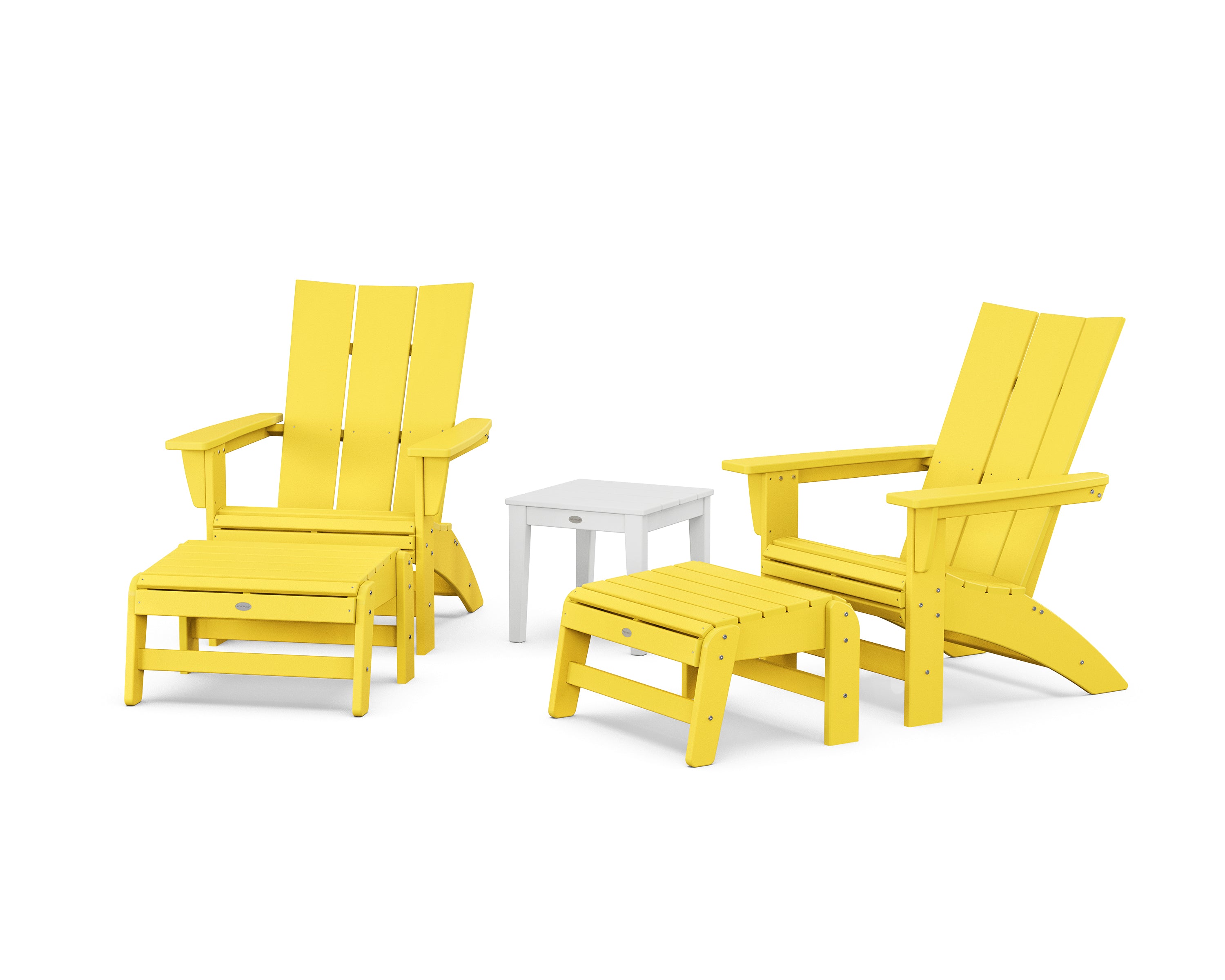 POLYWOOD 5-Piece Modern Grand Adirondack Set with Ottomans and Side Table in Lemon / White