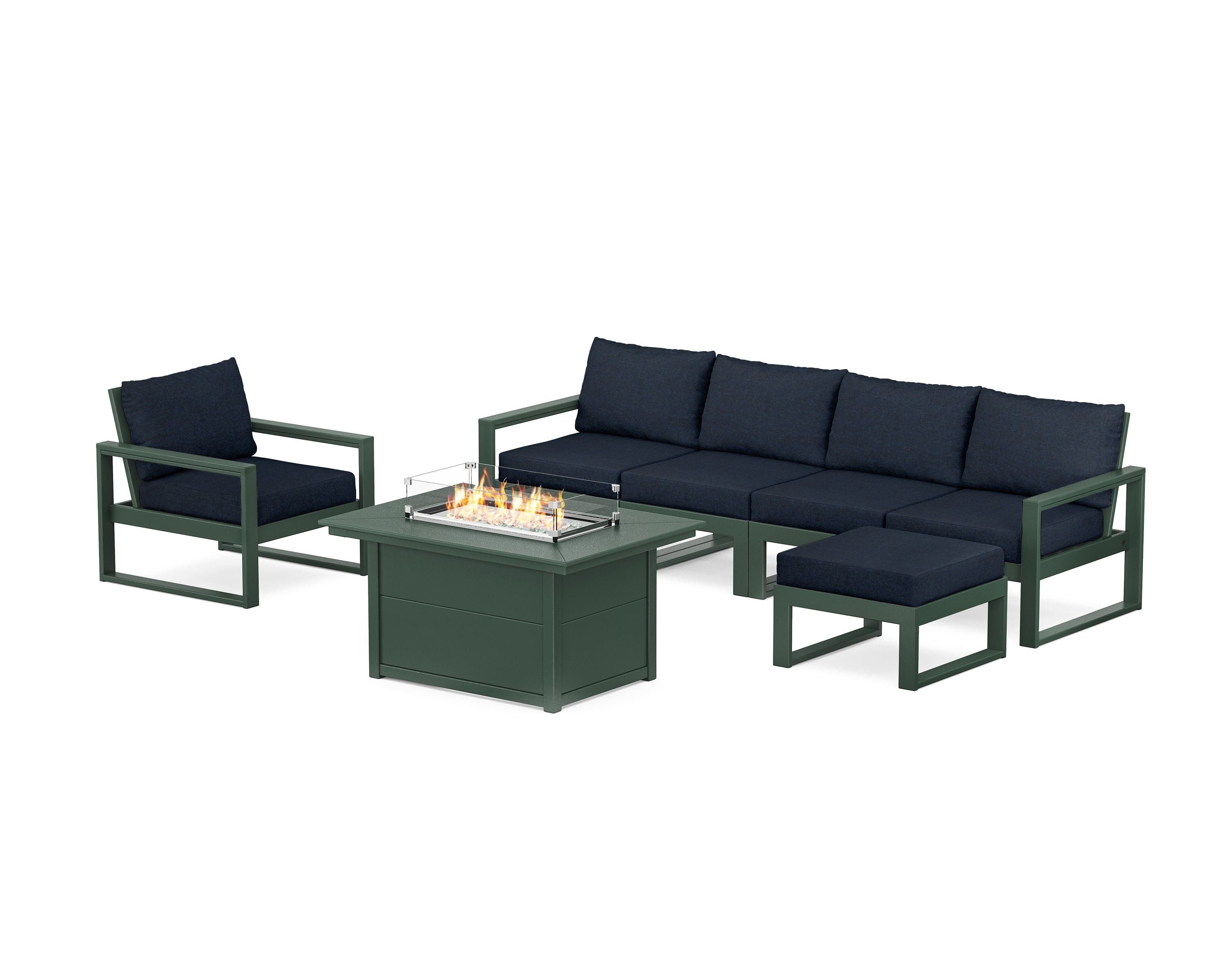 POLYWOOD EDGE Sectional Lounge and Fire Pit Set in Green / Marine Indigo